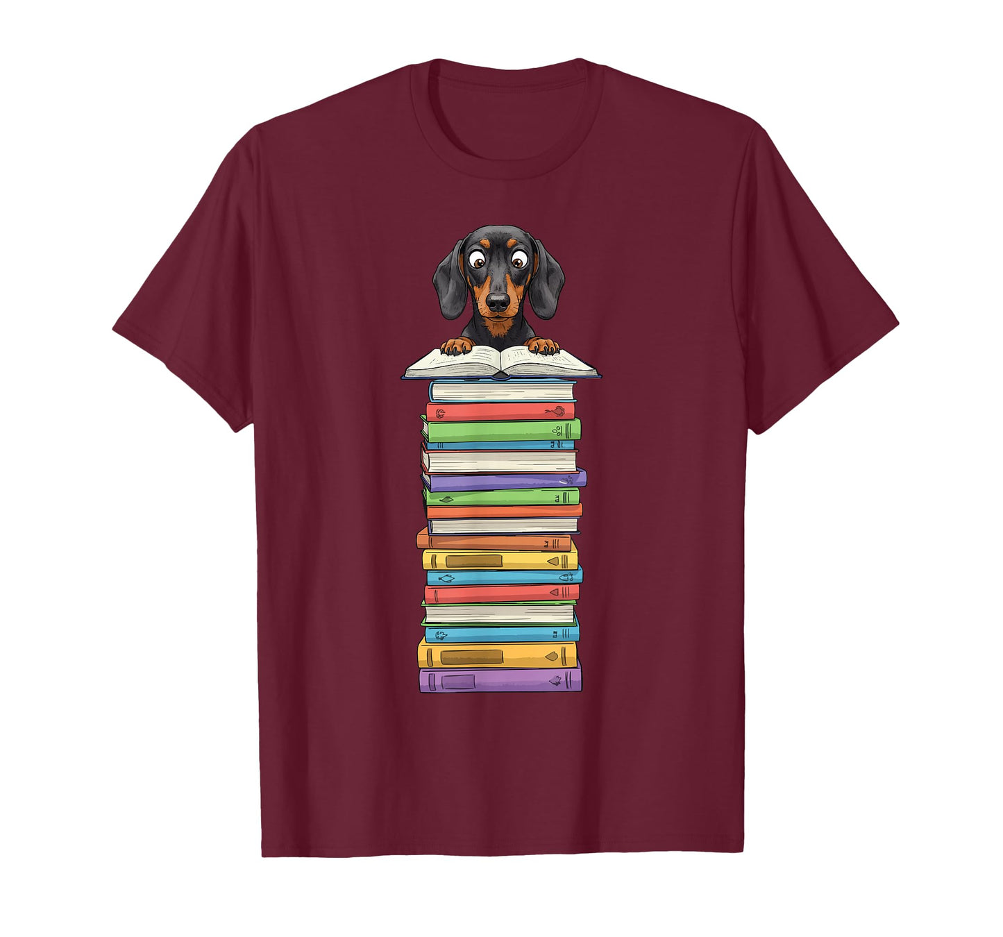 Cute Wiener Dog Dachshund Reading On Pile of Books Funny T-Shirt