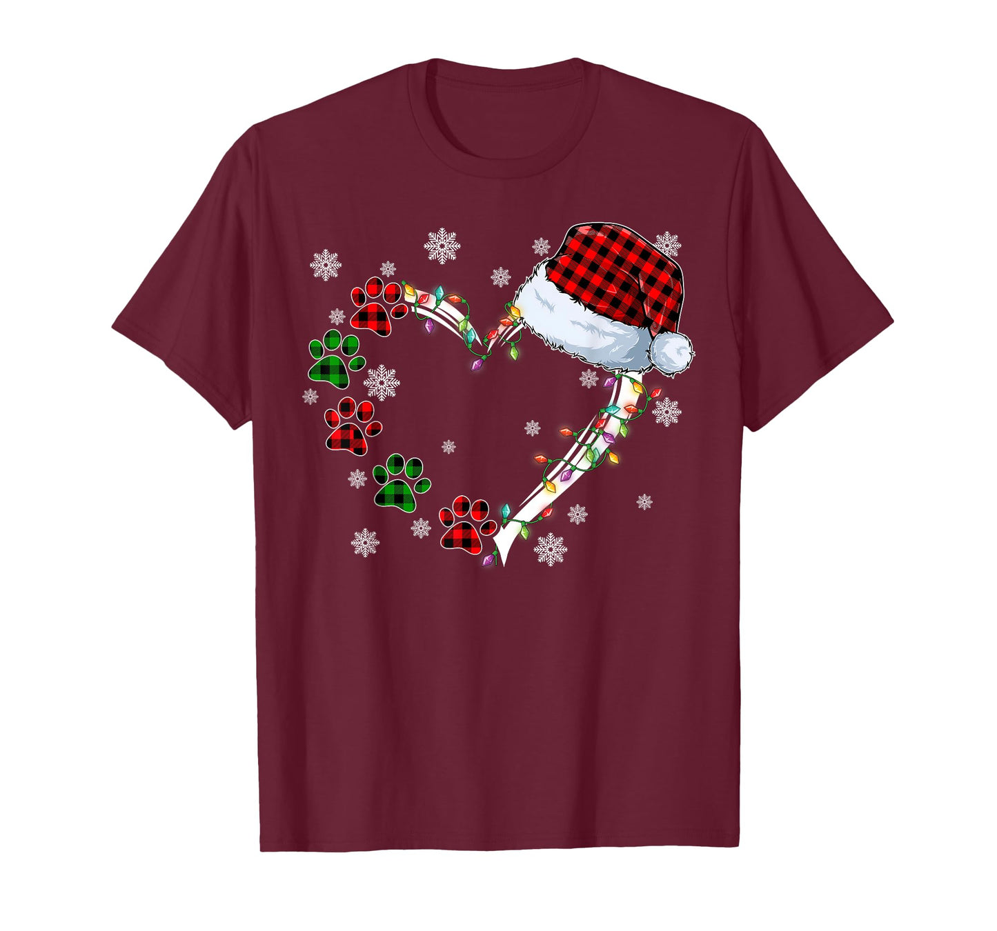 Funny Dog Cat Paws Print Heart Santa Hat Christmas Pajamas T-Shirt