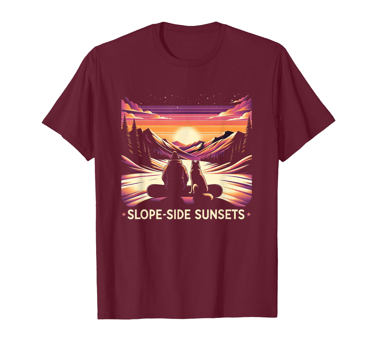 Slope-side Sunsets - Tranquil Snowboarding Dog Tee T-Shirt