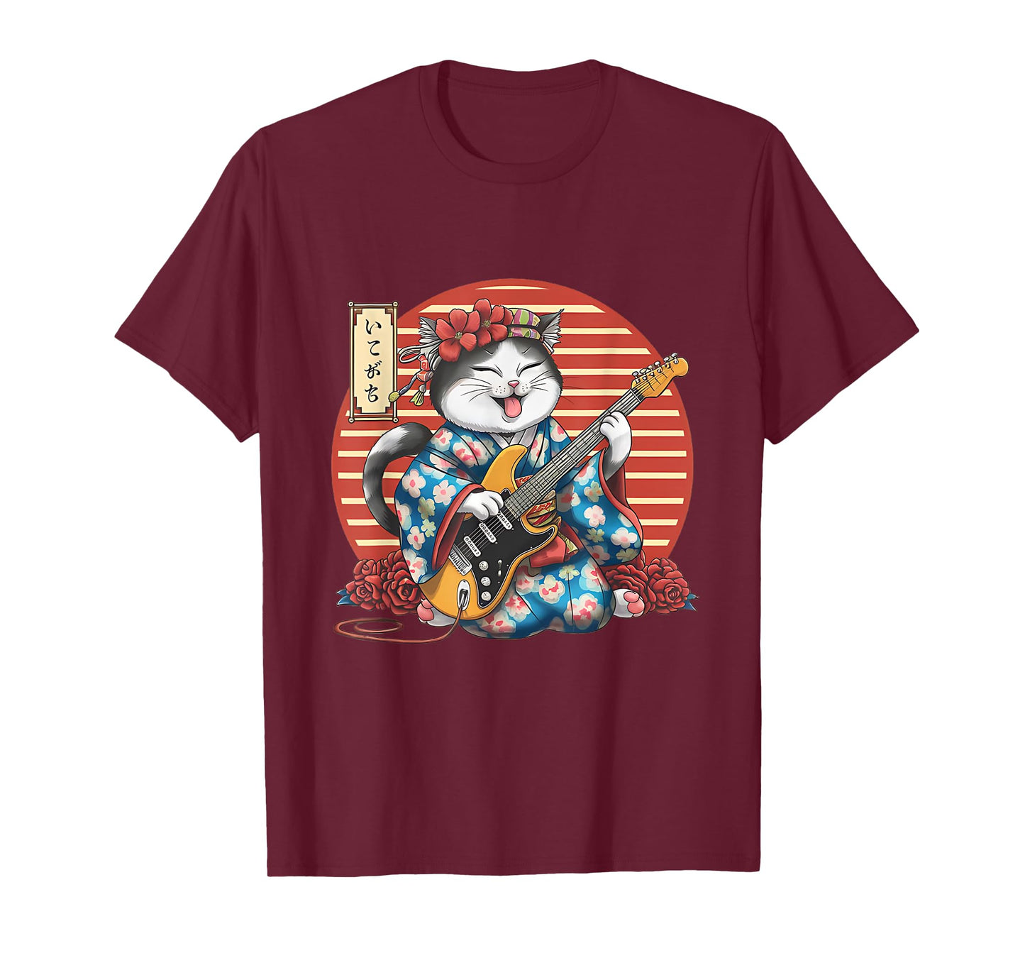 Japanese Samurai Cat Guitar Kawaii Kimono Manga T-Shirt