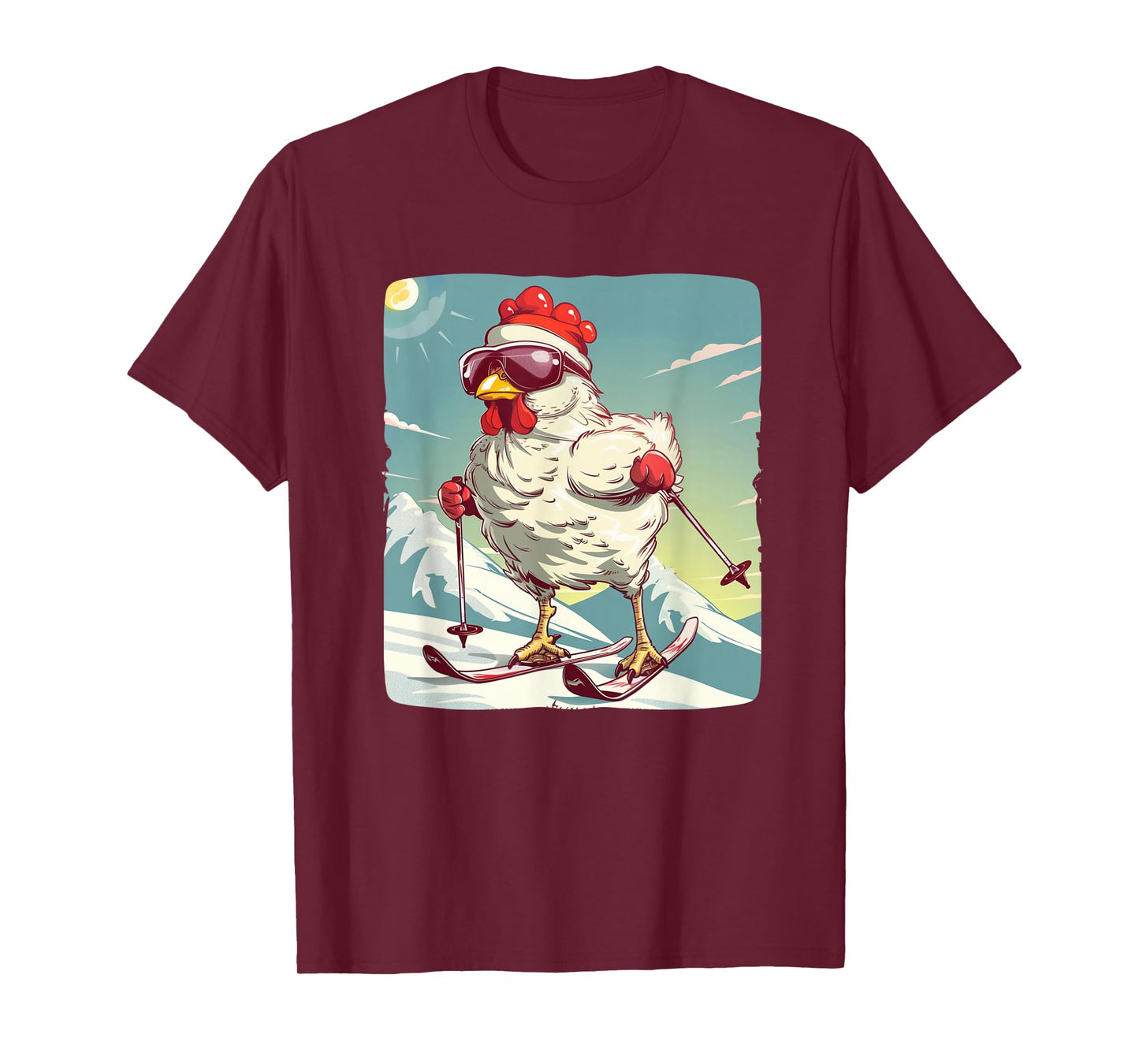 Funny Winter Chicken with Cross-country skiing Shoes Outfit T-Shirt