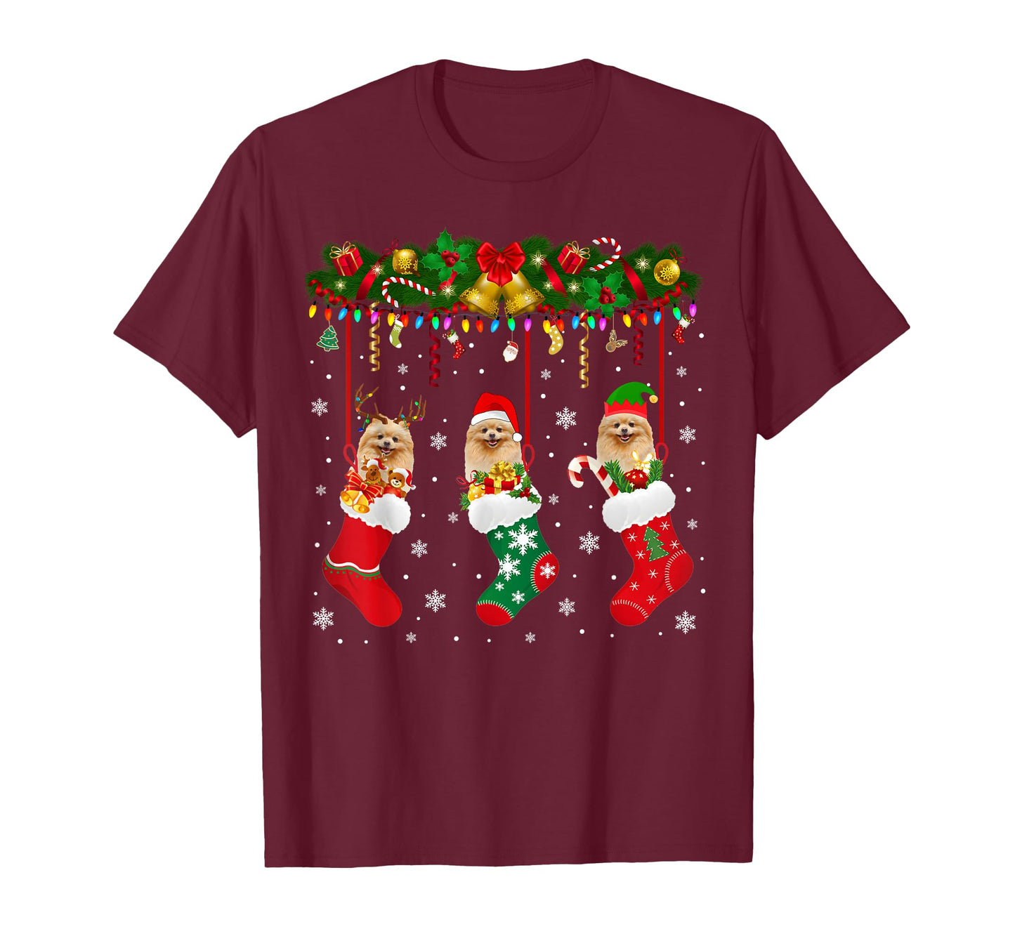Pomeranian In Sock Xmas Reindeer Santa ELF Dog T-Shirt
