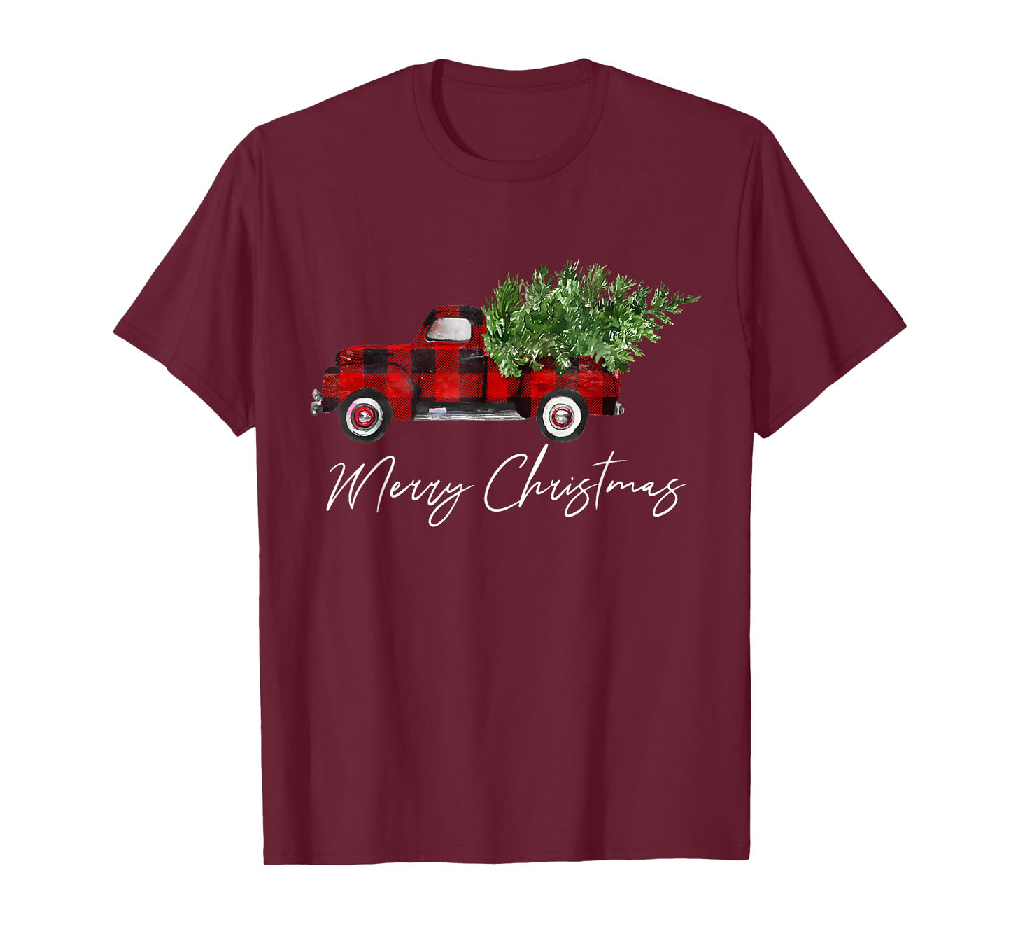 Red Buffalo Plaid Pickup Truck with Tree Merry Christmas T-Shirt