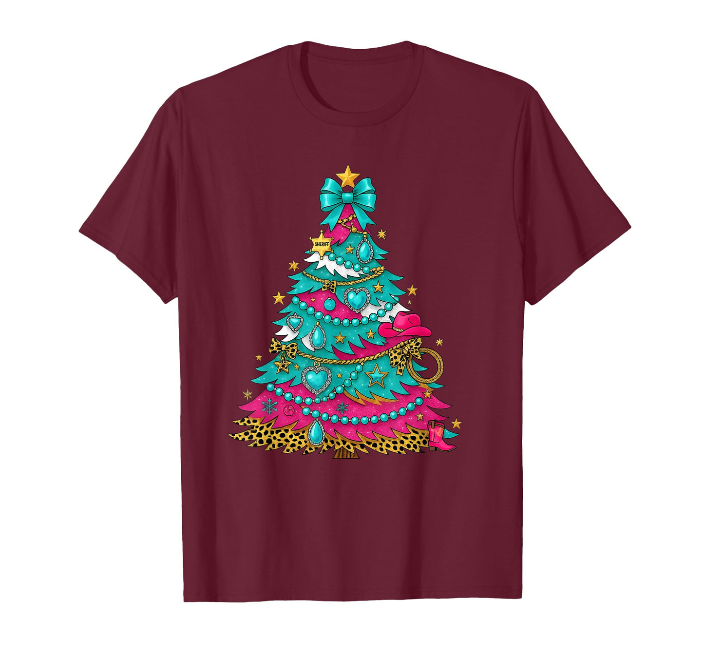 Cowgirl Christmas Tree Turquoise Pink Western Holiday Design T-Shirt