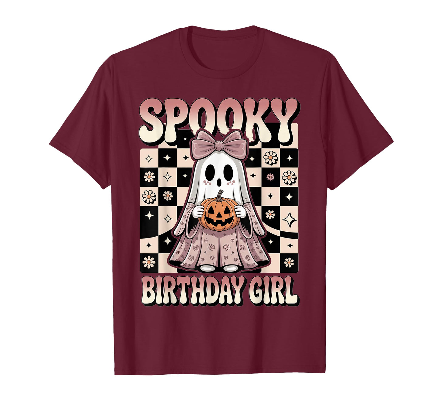 Halloween Birthday Girl Ghost Bow Pumpkin Checkered Spooky T-Shirt