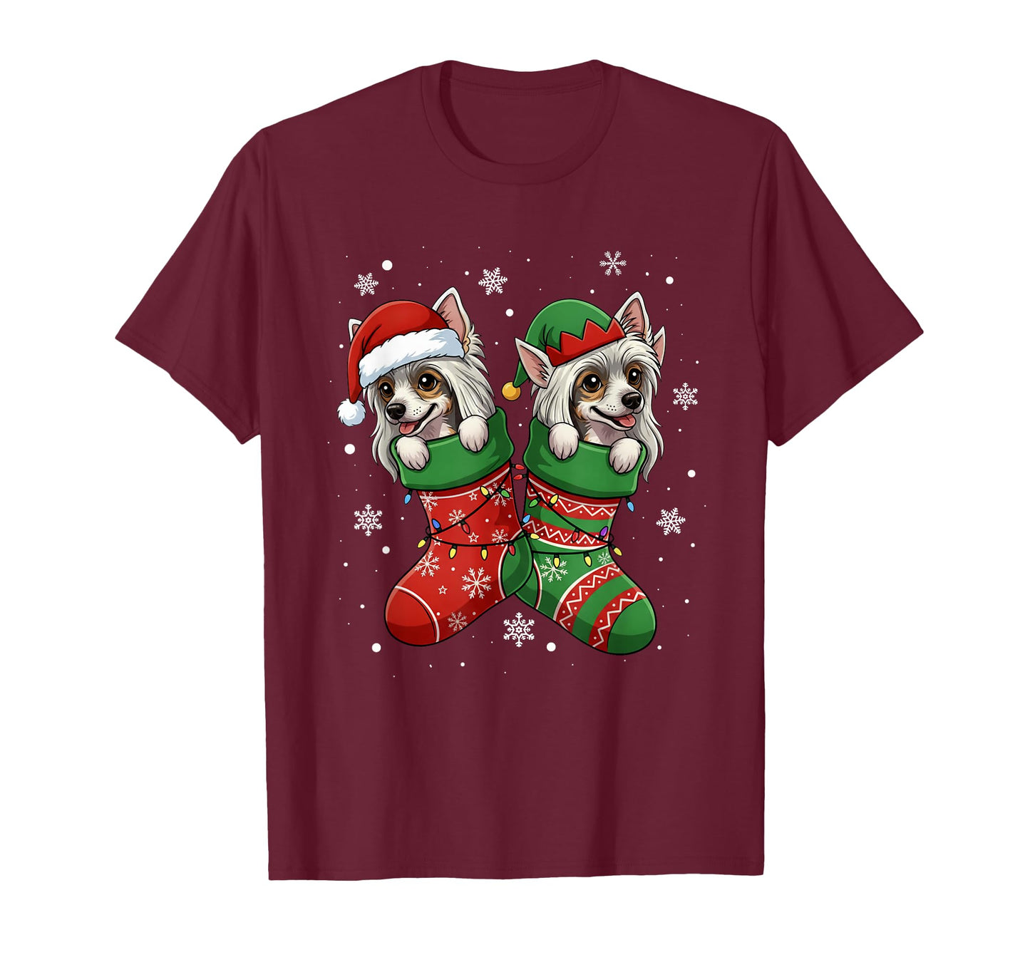 Santa ELF Chinese Crested Dog in Christmas Socks Men Women T-Shirt