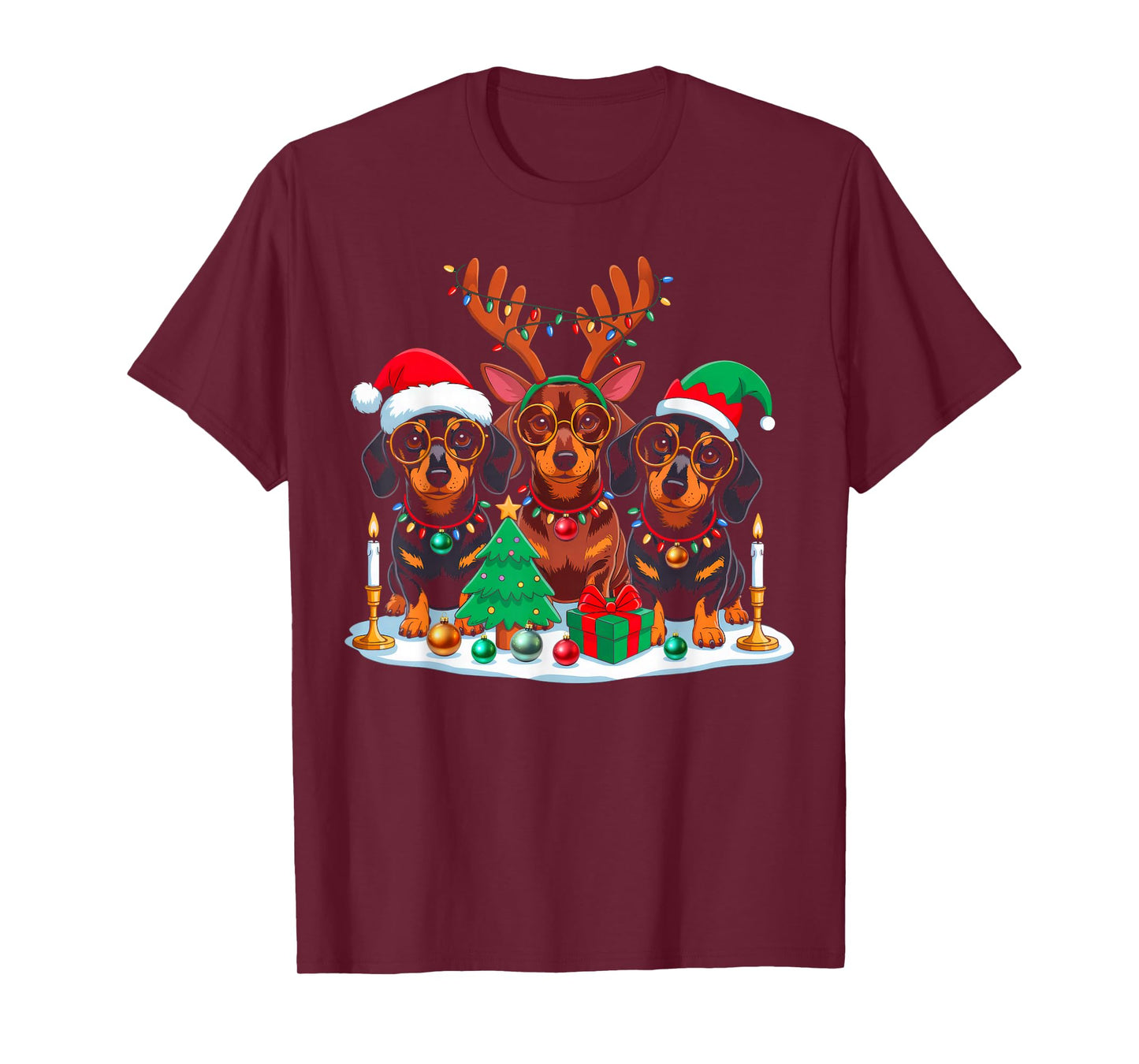 Dachshund Dog Christmas Lights Santa Hat Xmas Dog Lover T-Shirt