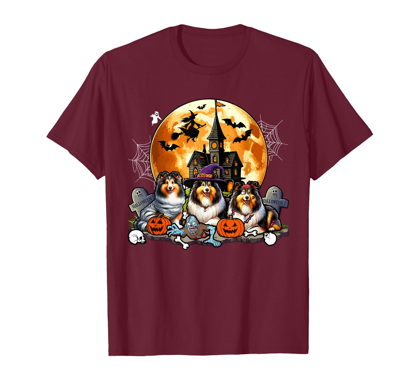 Three Halloween Shetland Sheepdogs As Witch Mummy Zombie T-Shirt