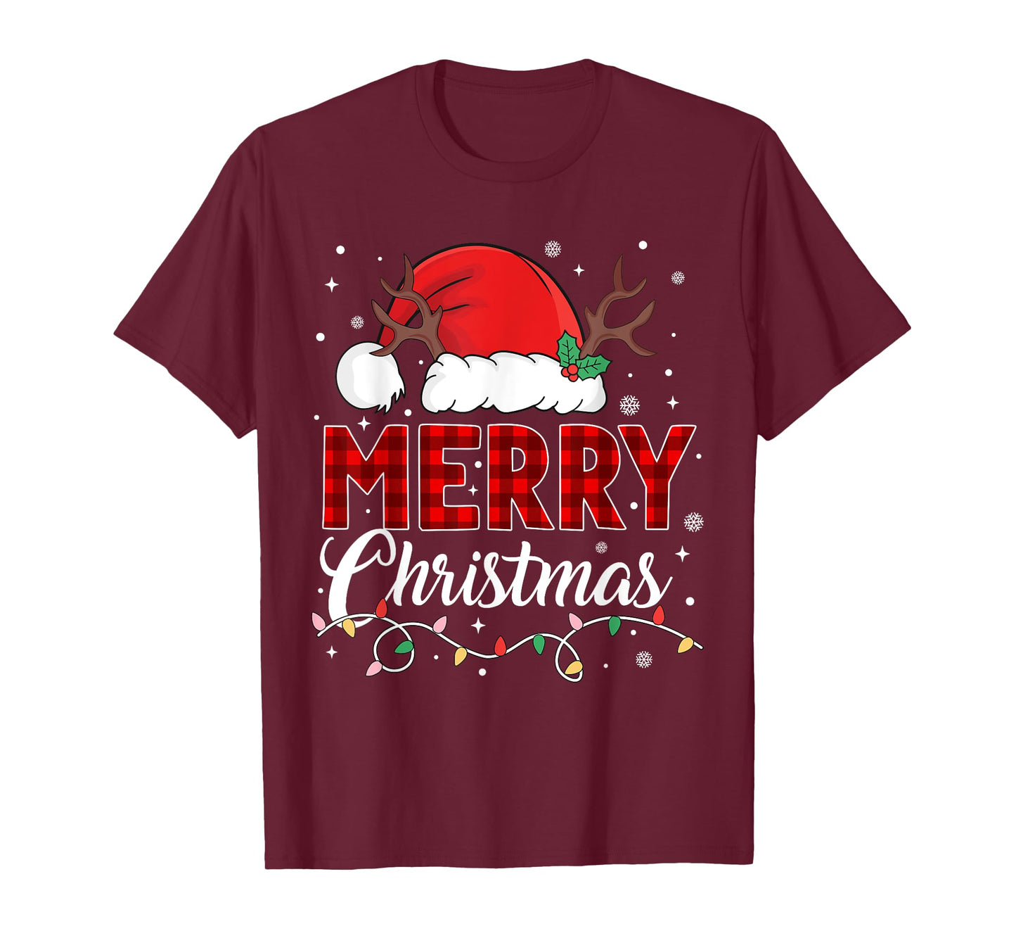 Merry Christmas Lights Red Santa Hat Xmas Family Men Women T-Shirt