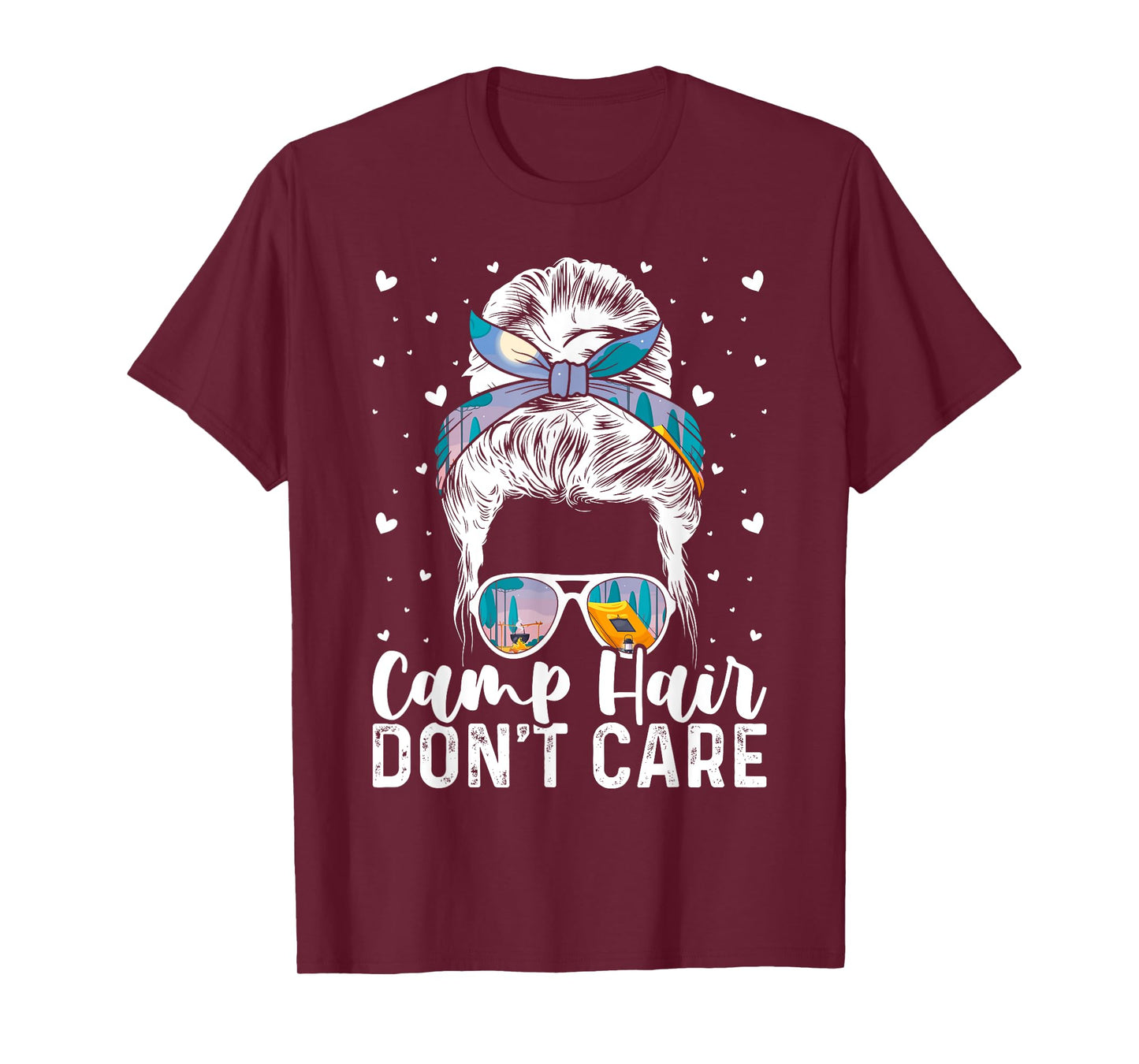 Camp Hair Don't Care Womens Camper Camping Messy Bun Hair T-Shirt