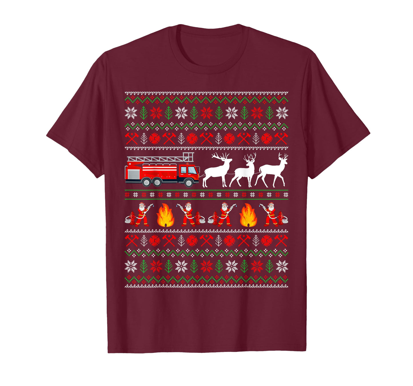 Fire Truck Reindeer Santa Ugly Sweater Firefighter Christmas T-Shirt