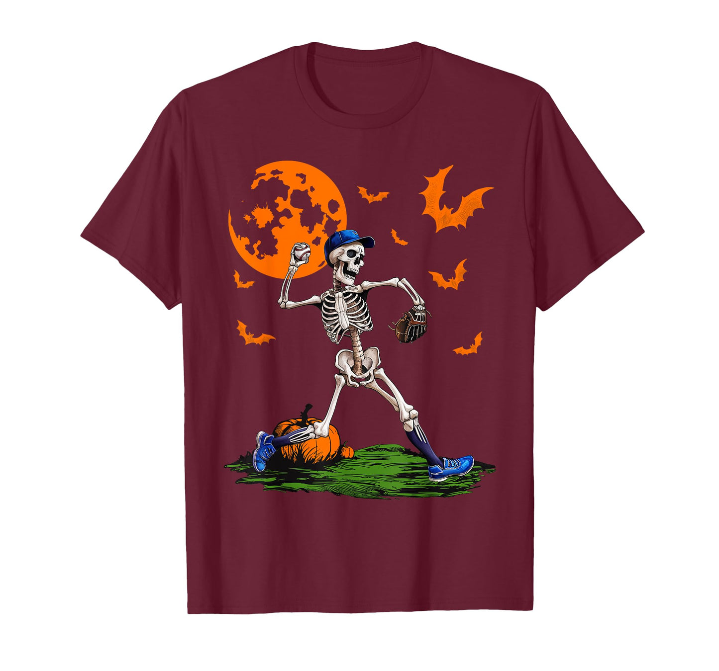 Baseball Skeleton Halloween Men Boys Baseball Spooky Season T-Shirt