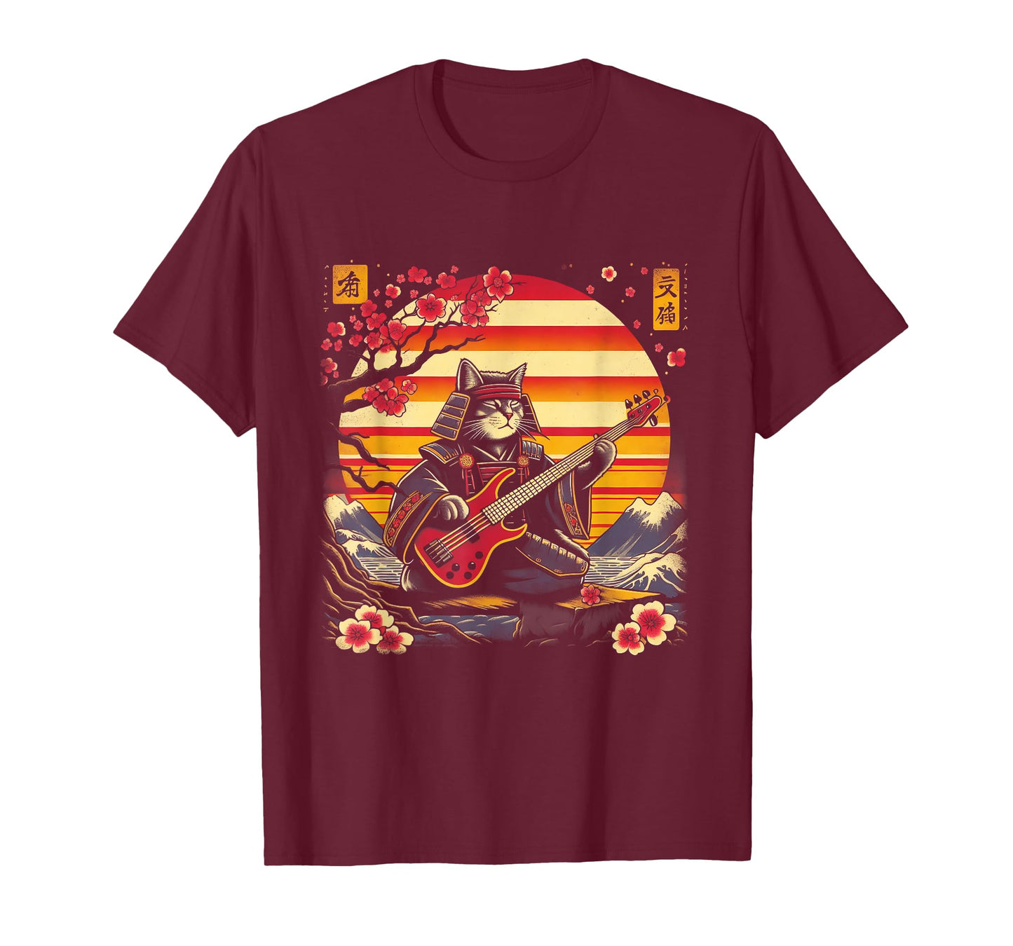 Japanese Samurai Cat Playing The Bass Ninja Kitten Warriors T-Shirt