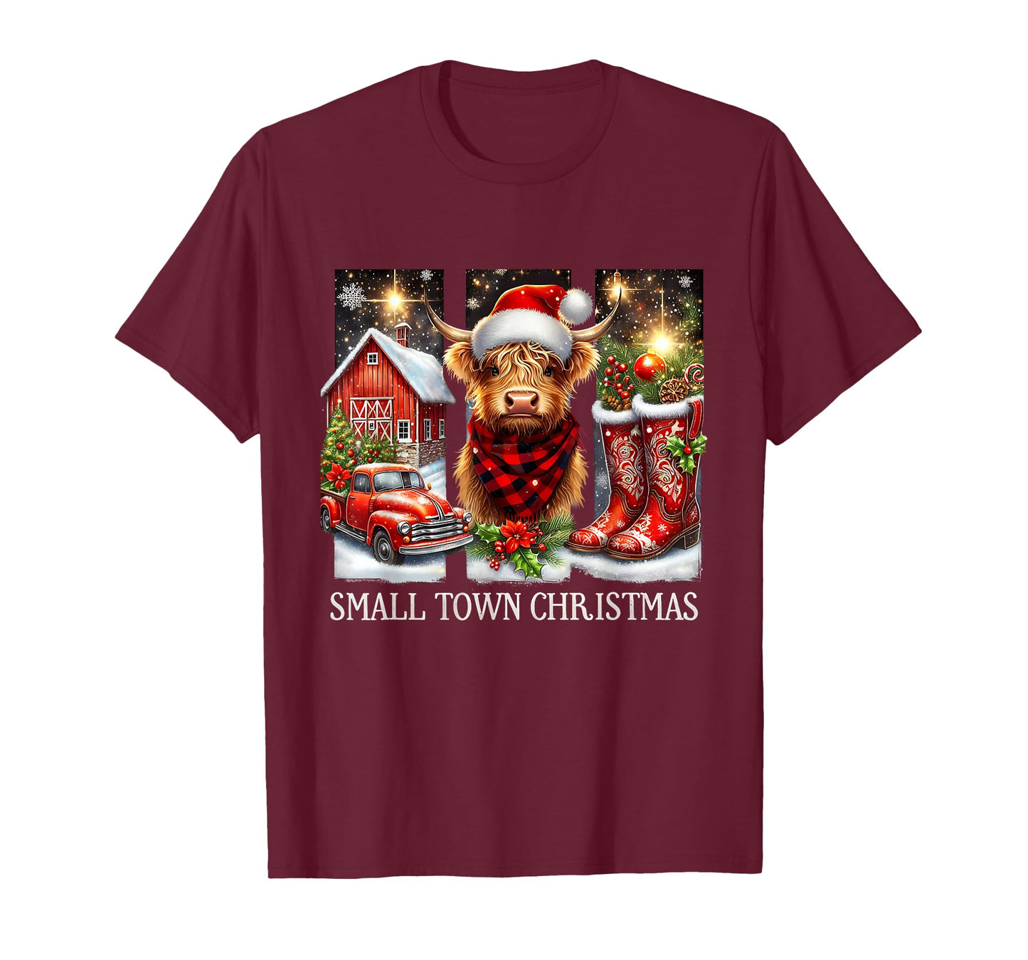 Small Town Christmas Highland Cow Western Art T-Shirt