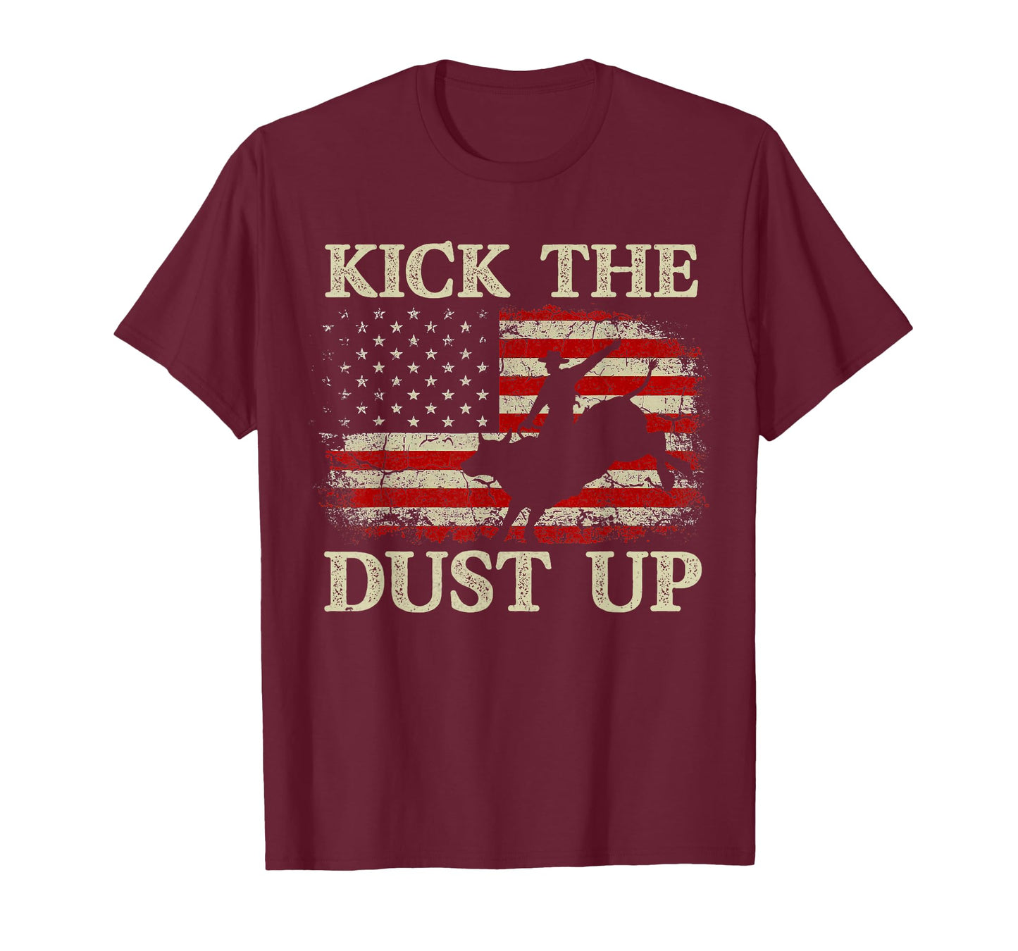 Kick The Dust Up Cowboy Riding Bull Vintage American Flag T-Shirt