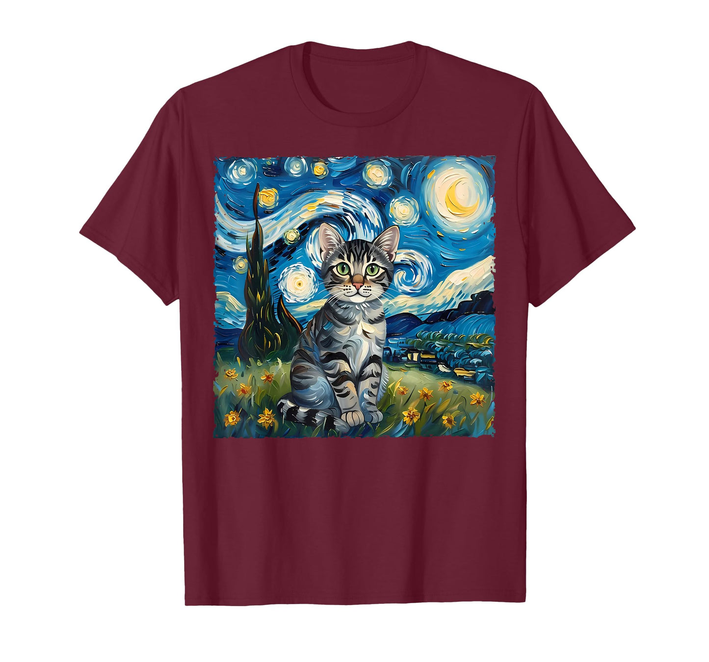 Van Gogh Style Funny Gray Tabby Tiger Cat Lover Starry Night T-Shirt