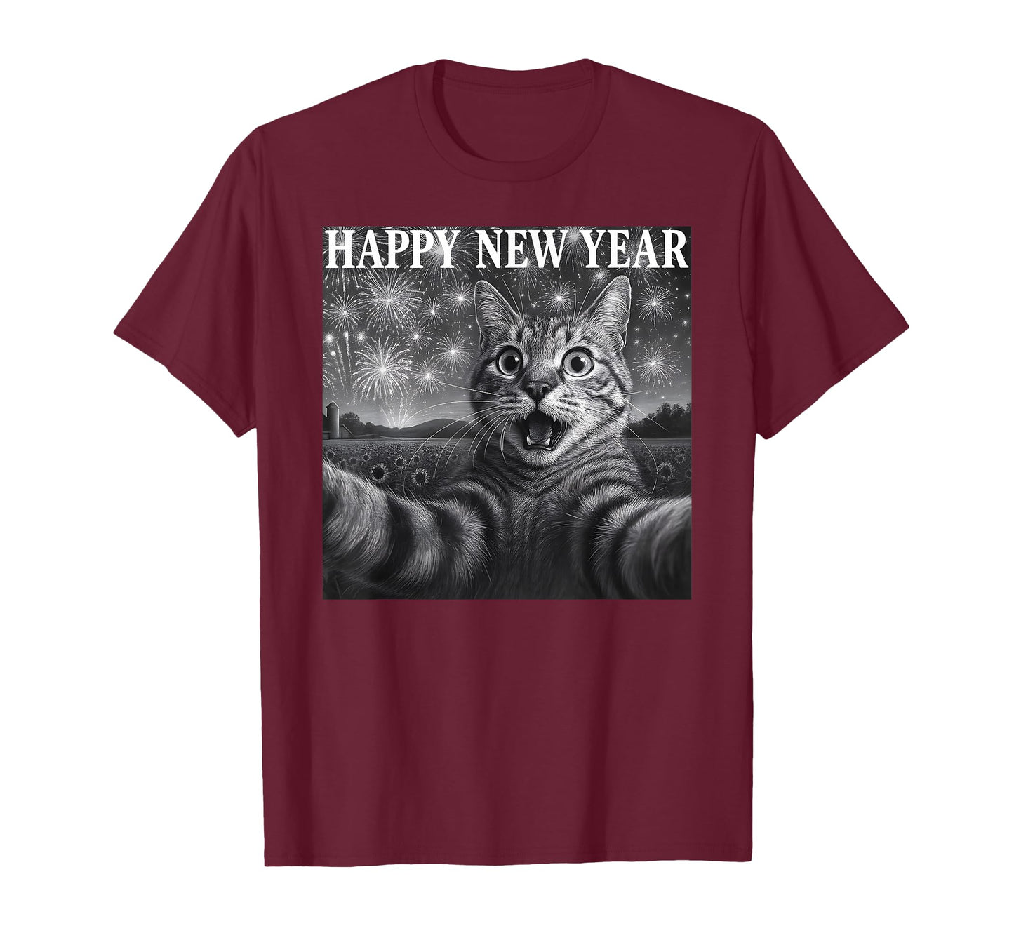 Cat Selfie with Firework Funny Cat Happy New Year Men Women T-Shirt