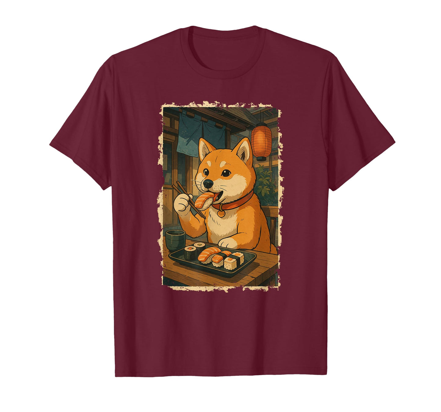 Dog Shiba Inu Eats Sushi Japanese Vintage T-Shirt