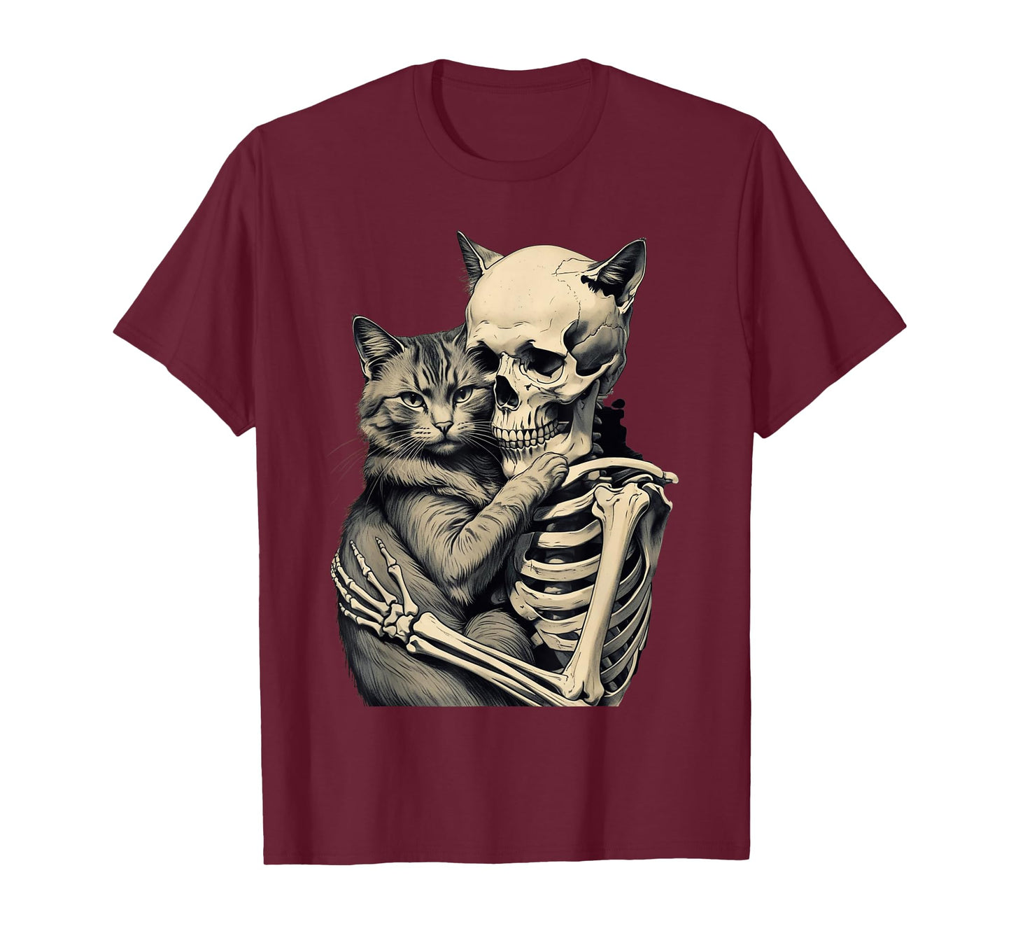 Skeleton Hugging Cat Lover Halloween Tee Funny Apparel T-Shirt