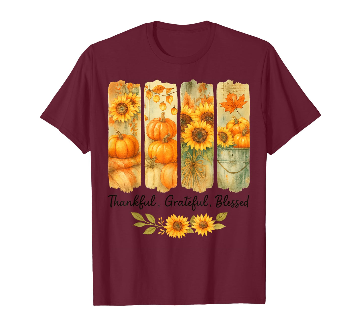 Thankful Grateful Blessed Pumpkin Flowers Funny Thanksgiving T-Shirt