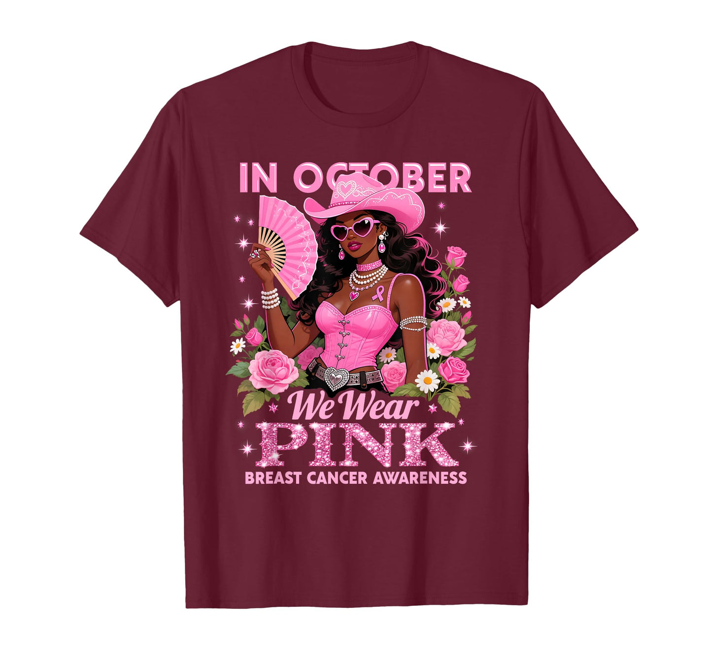 in October We Wear Pink Cowgirl Awareness Art T-Shirt