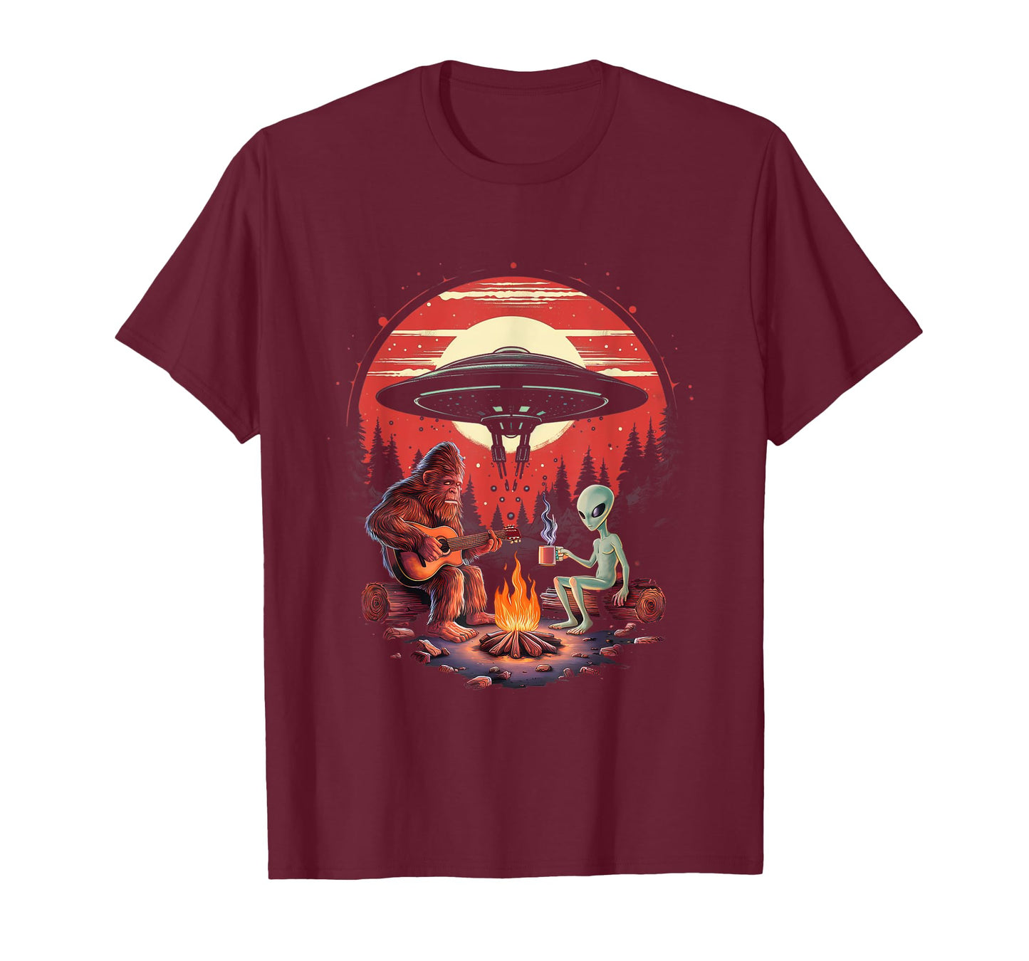 Alien And Bigfoot Campfire Sasquatch UFO For Outdoor Lovers T-Shirt