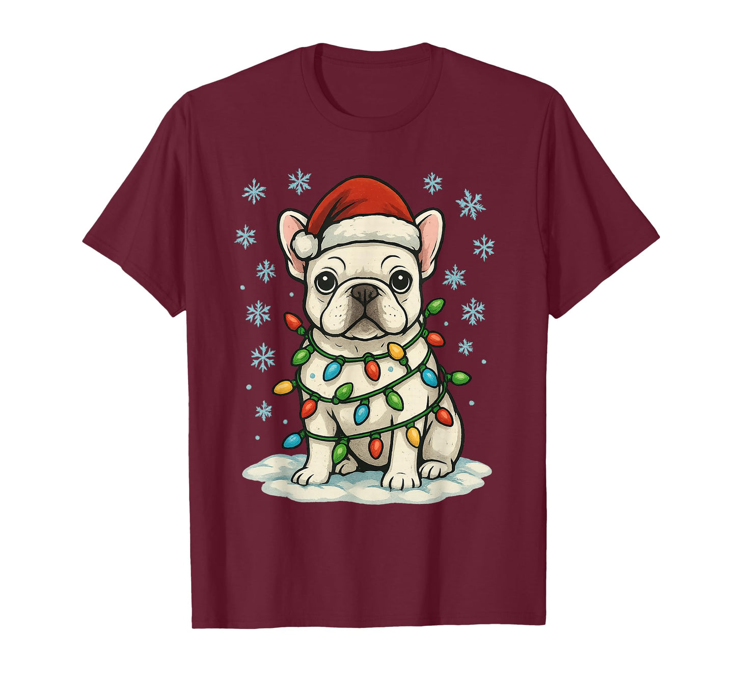 Christmas Lights Wrapped On Cute White French Bulldog Lover T-Shirt