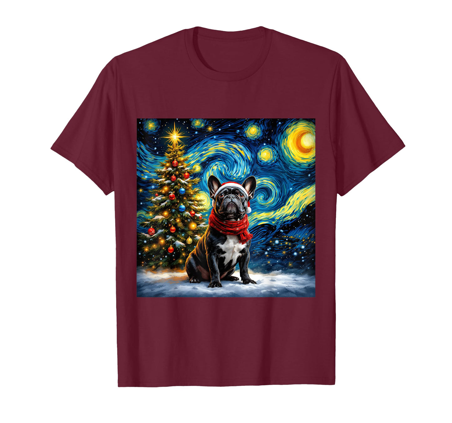 French Bulldog Starry Night Christmas Van Gogh Dog Santa Hat T-Shirt