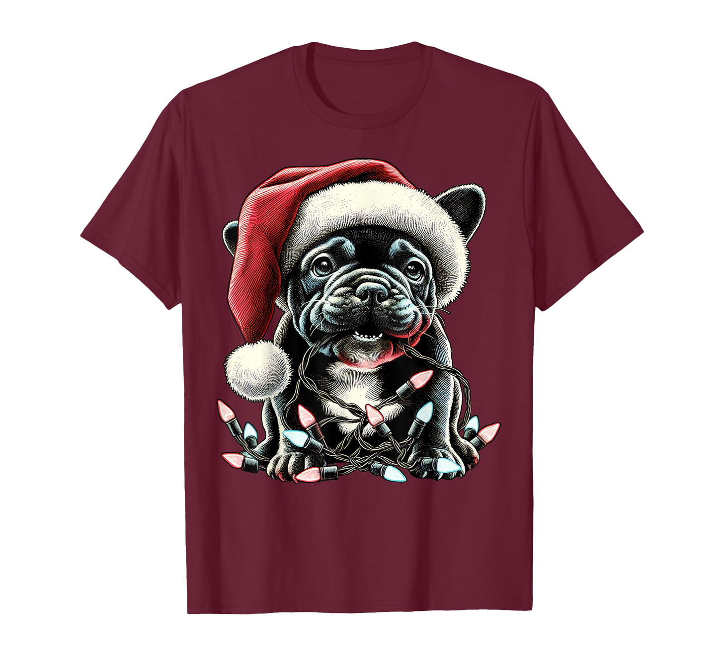 Cute Black French Bulldog Chew Christmas Light Frenchie Xmas T-Shirt