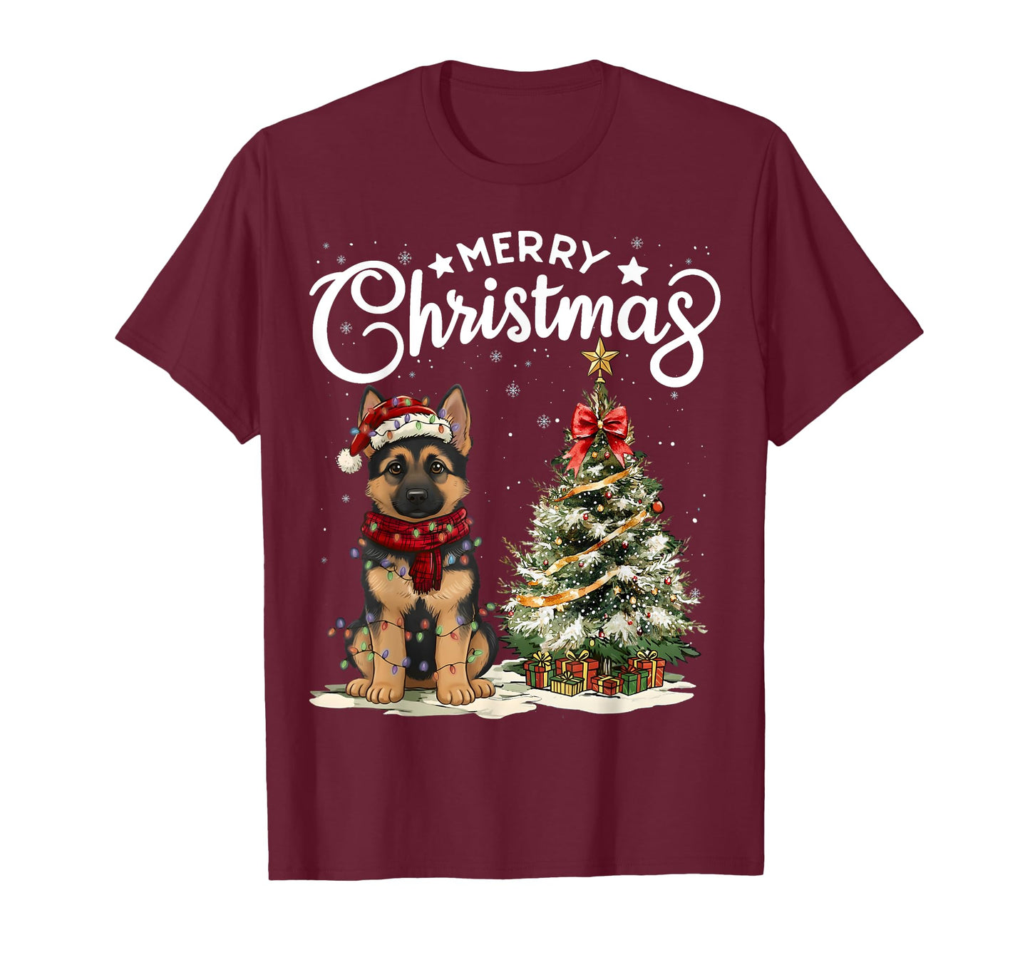 German Shepherd Merry Christmas Dog Santa Hat Tree Lights T-Shirt