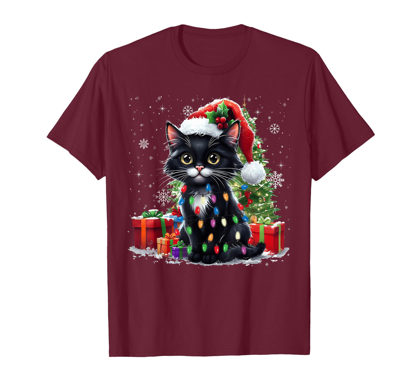 Black Cat Christmas Tree Light Cat Lover Xmas Men Women Kids T-Shirt
