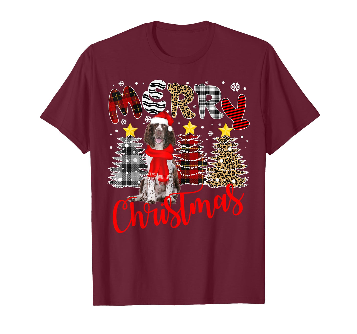 English Springer Spaniel Christmas Tree Leopard Plaid Print T-Shirt