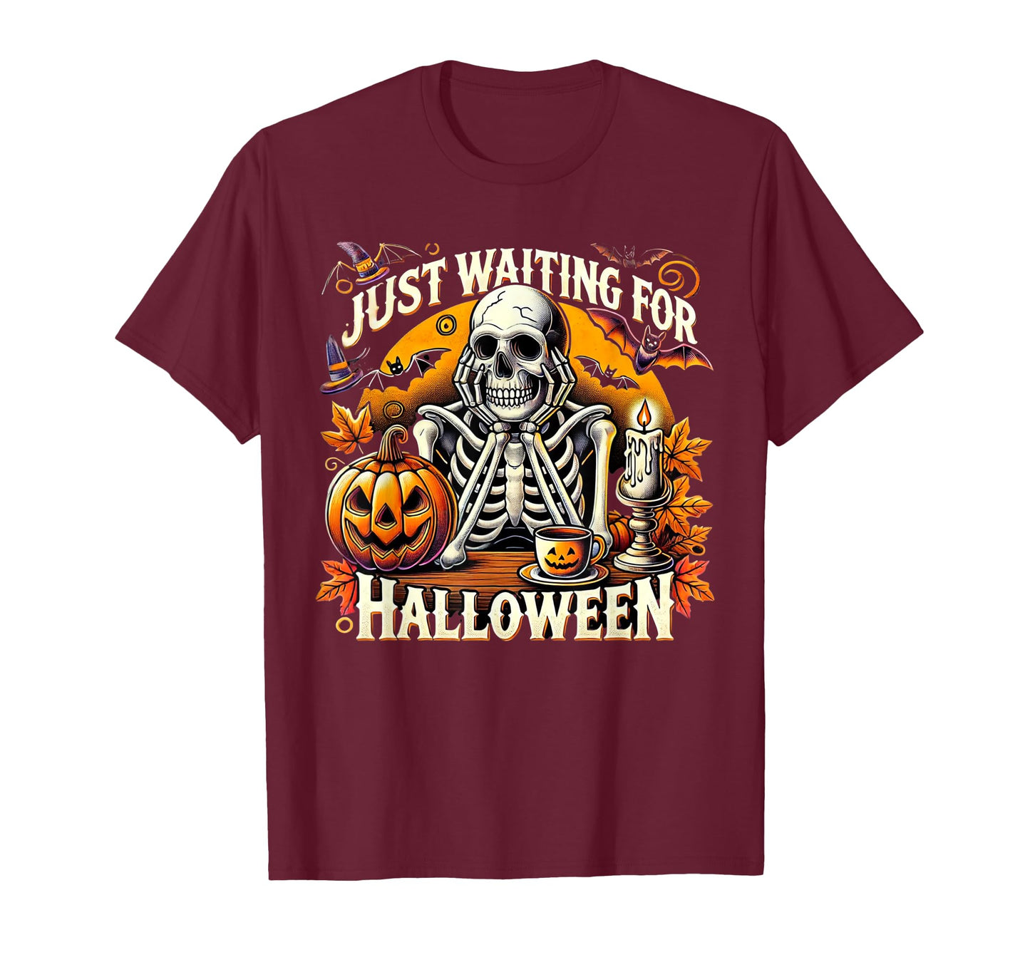 Just Waiting for Halloween Skeleton Coffee Spooky Season T-Shirt