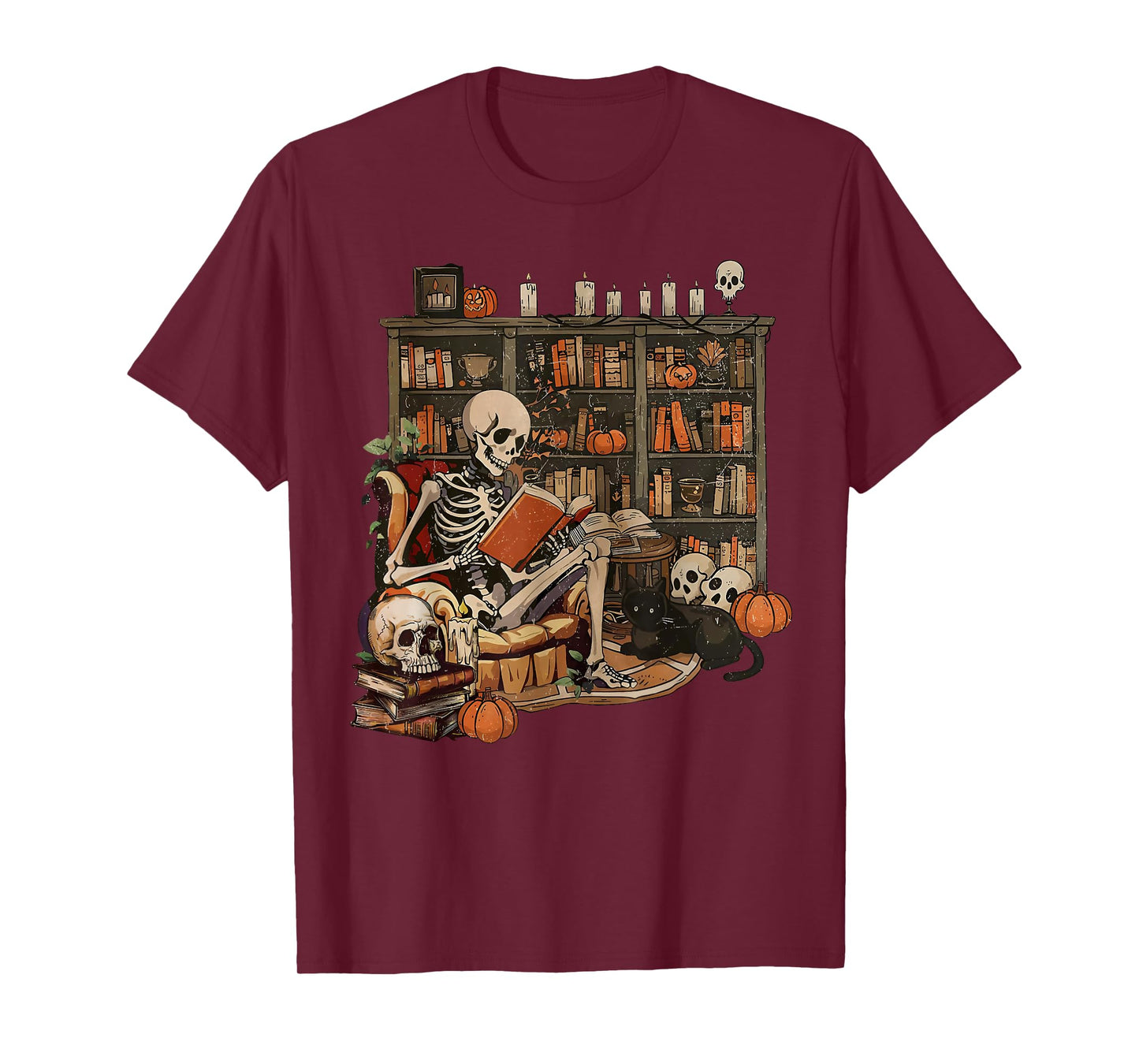 Skeleton Library Halloween Book Reading Books Lover Teacher T-Shirt