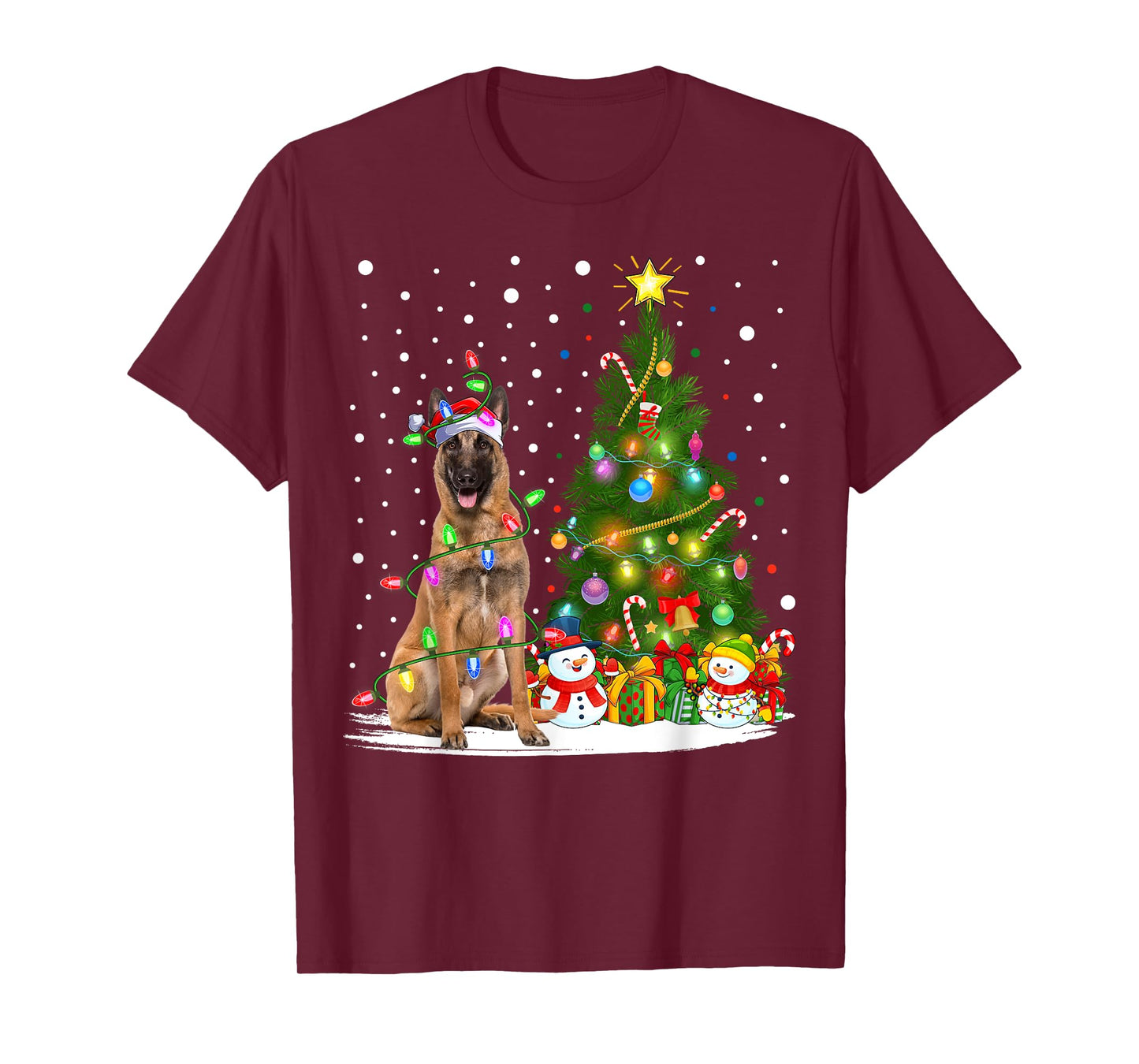 Lighting Xmas Tree Santa Belgian Malinois Dog Christmas Men Women Kids T-Shirt