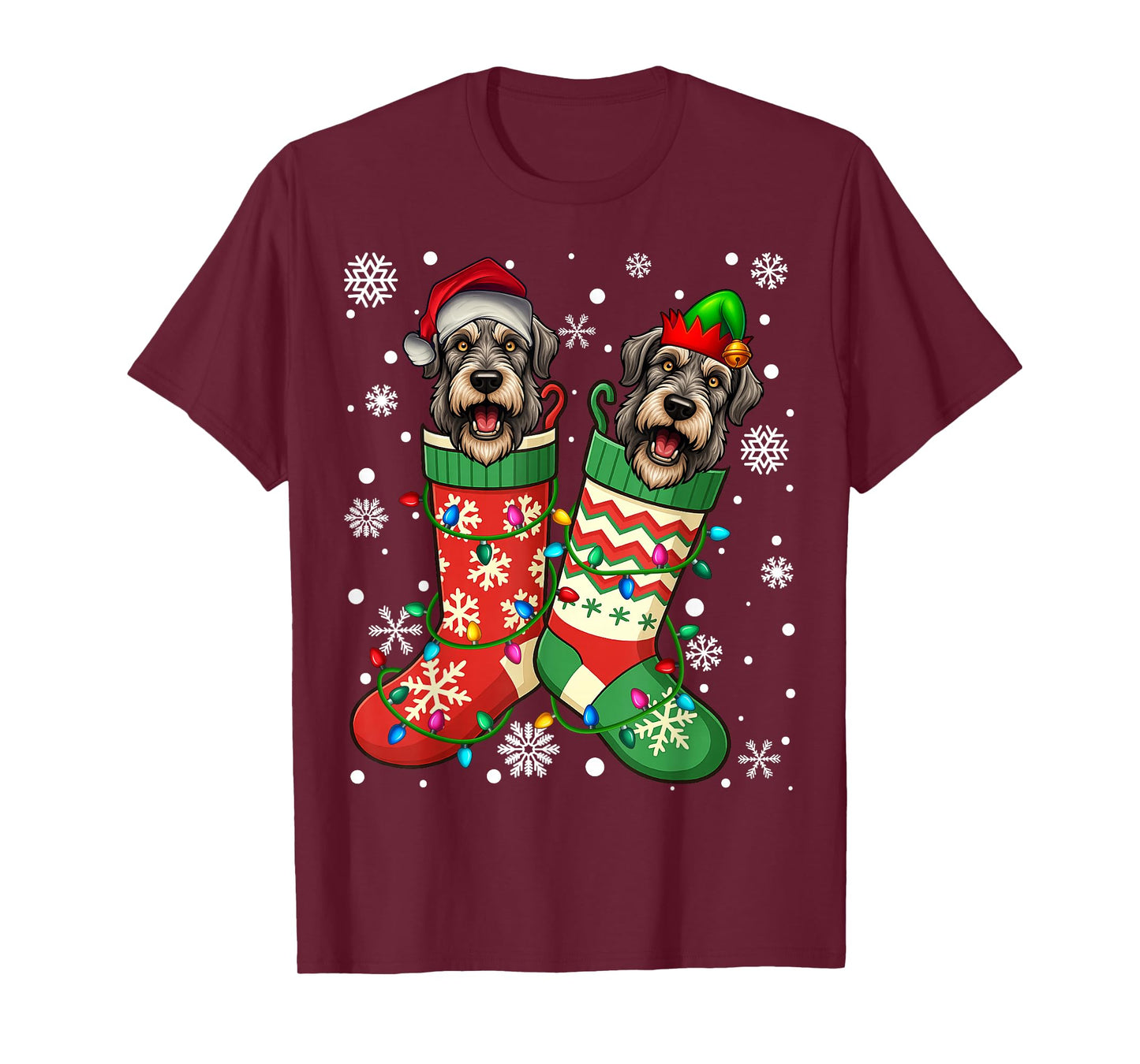 Santa ELF Irish Wolfhound Dog in Christmas Socks Men Women T-Shirt