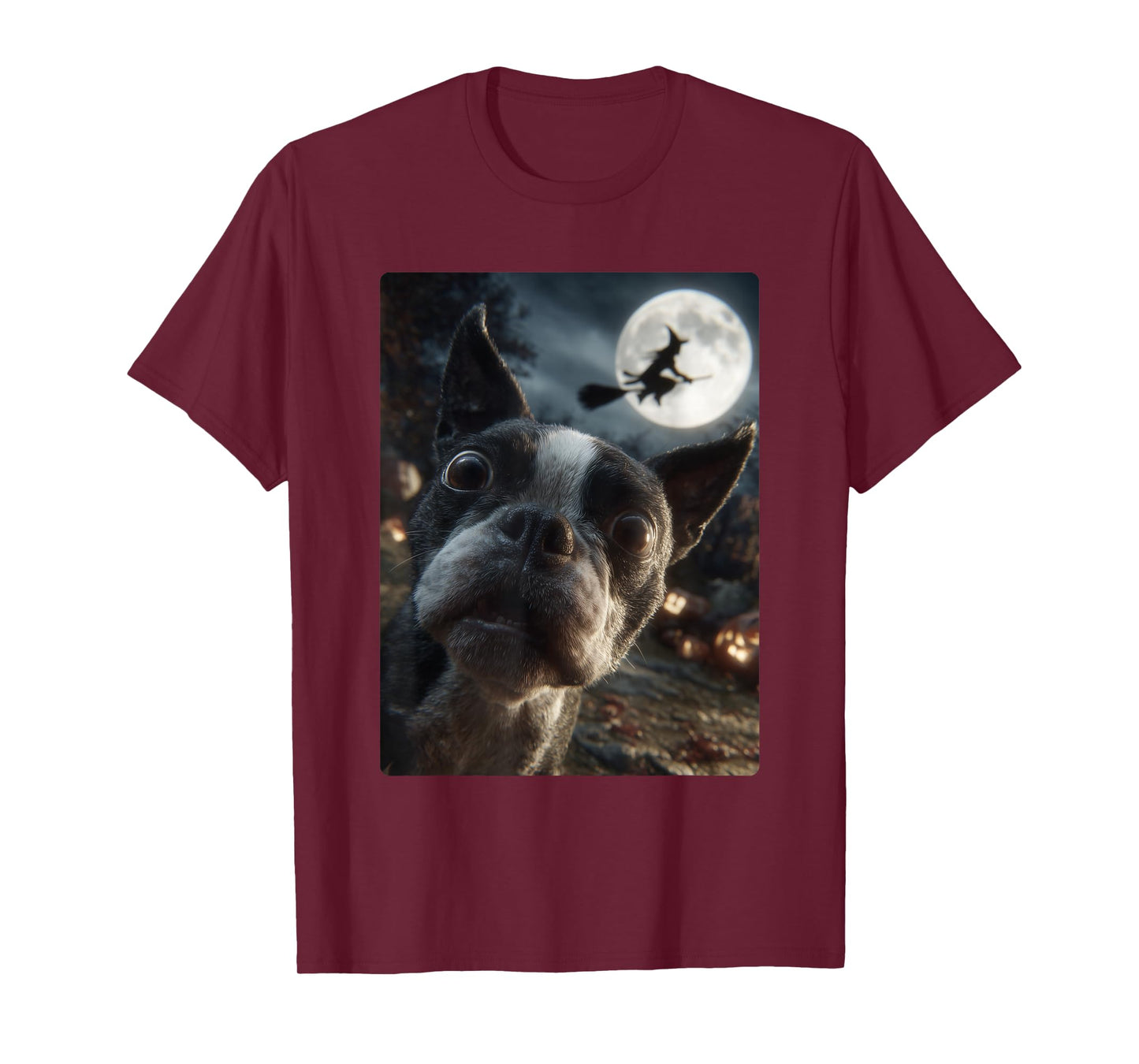 Boston Terrier Selfie Full Moon Flying Witch Halloween Dog T-Shirt