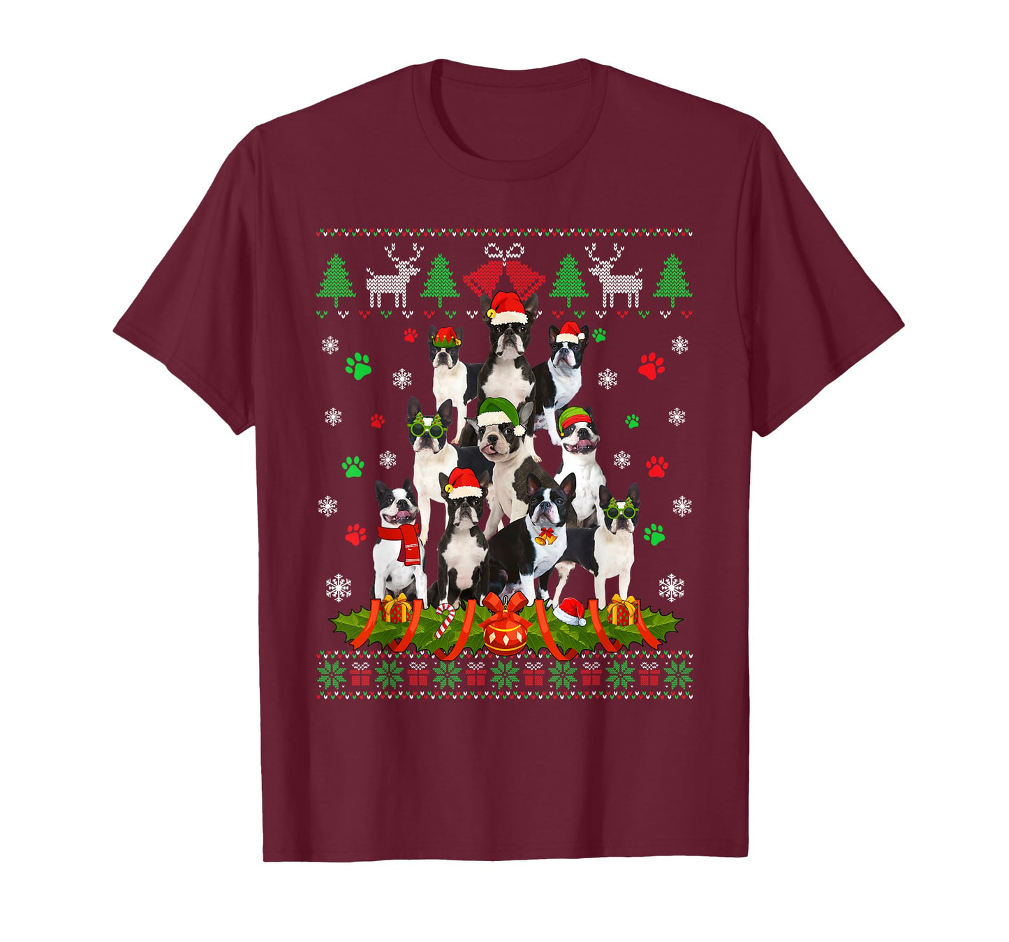 Ugly Sweater Christmas Tree Boston Terrier Dog Xmas Pajama T-Shirt