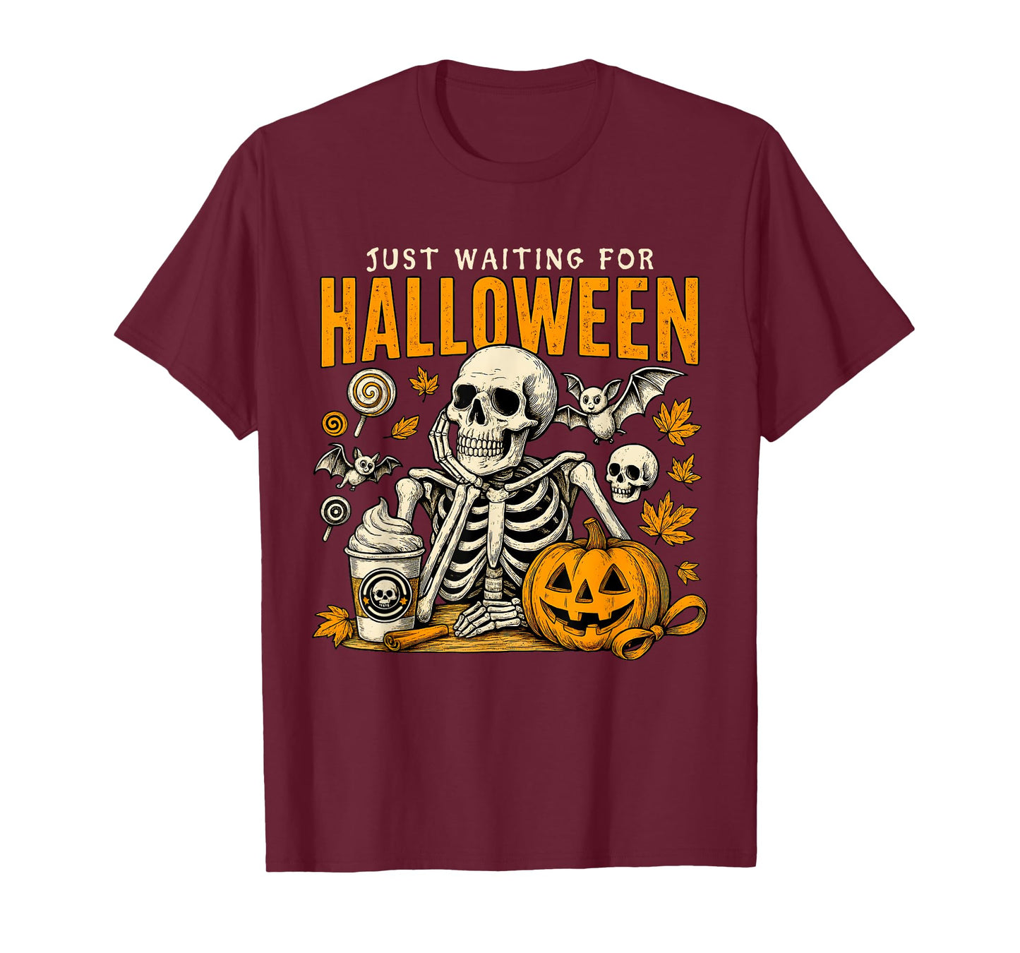 Just Waiting For Halloween Skeleton Spooky Season Pumpkin T-Shirt