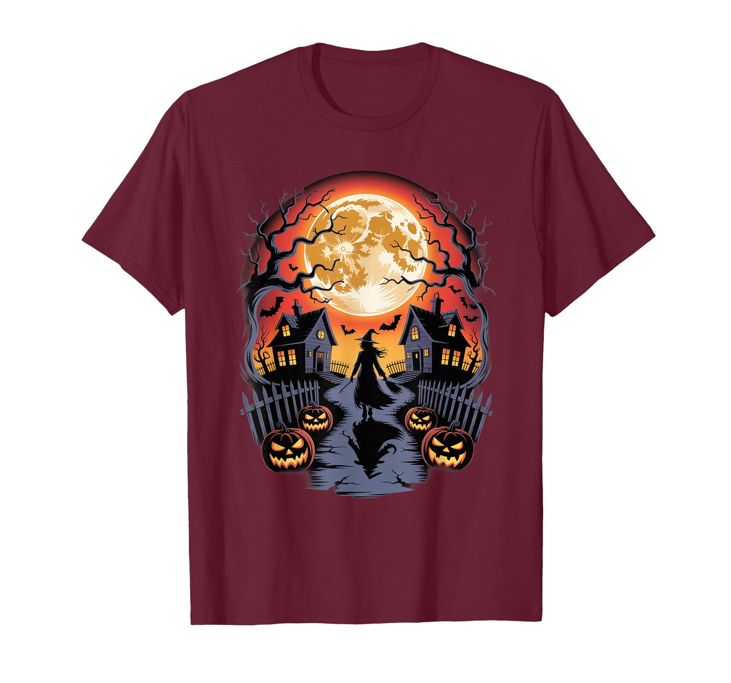 Witchy Halloween Night with Pumpkins and Moon Design T-Shirt