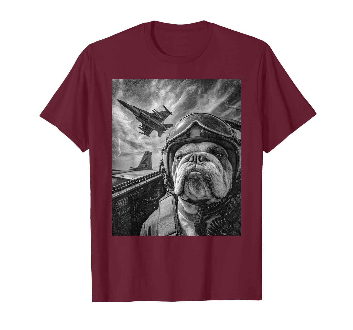 Funny English Bulldog Selfie Fighter Jet Pilot Aviation Art T-Shirt