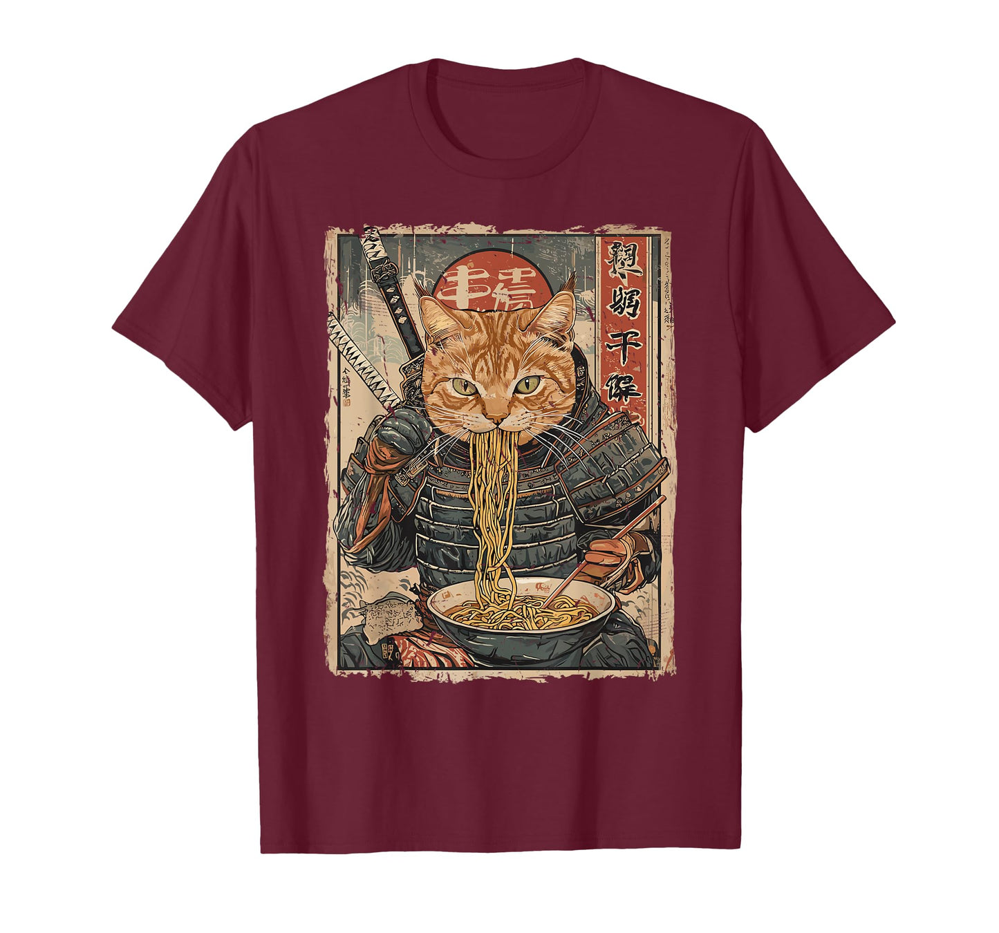 Samurai Cat Loves Ramen Funny Anime Japanese Artwork Samurai T-Shirt
