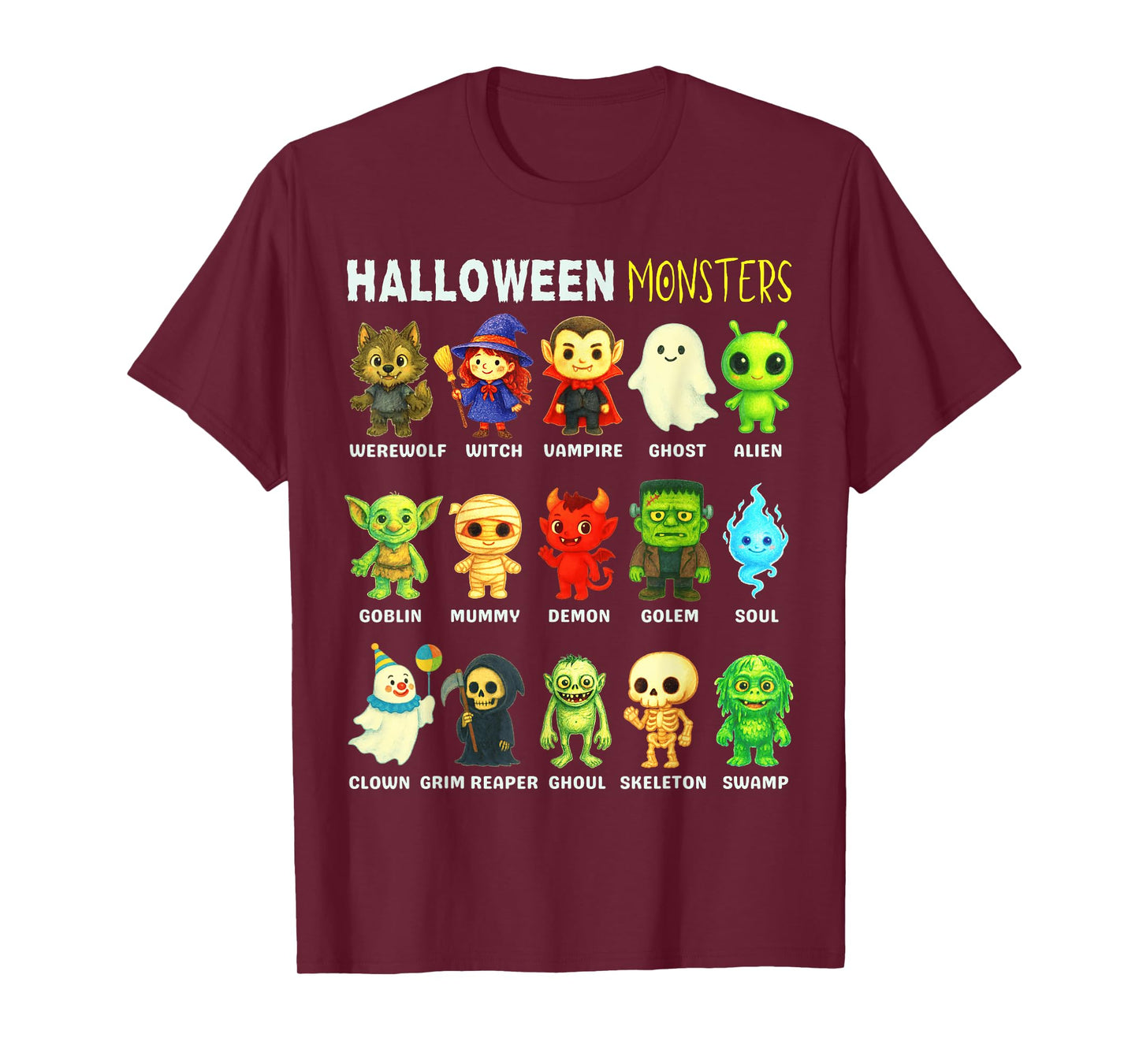 Types of Halloween Monsters Educational Poster For Kids Cute T-Shirt