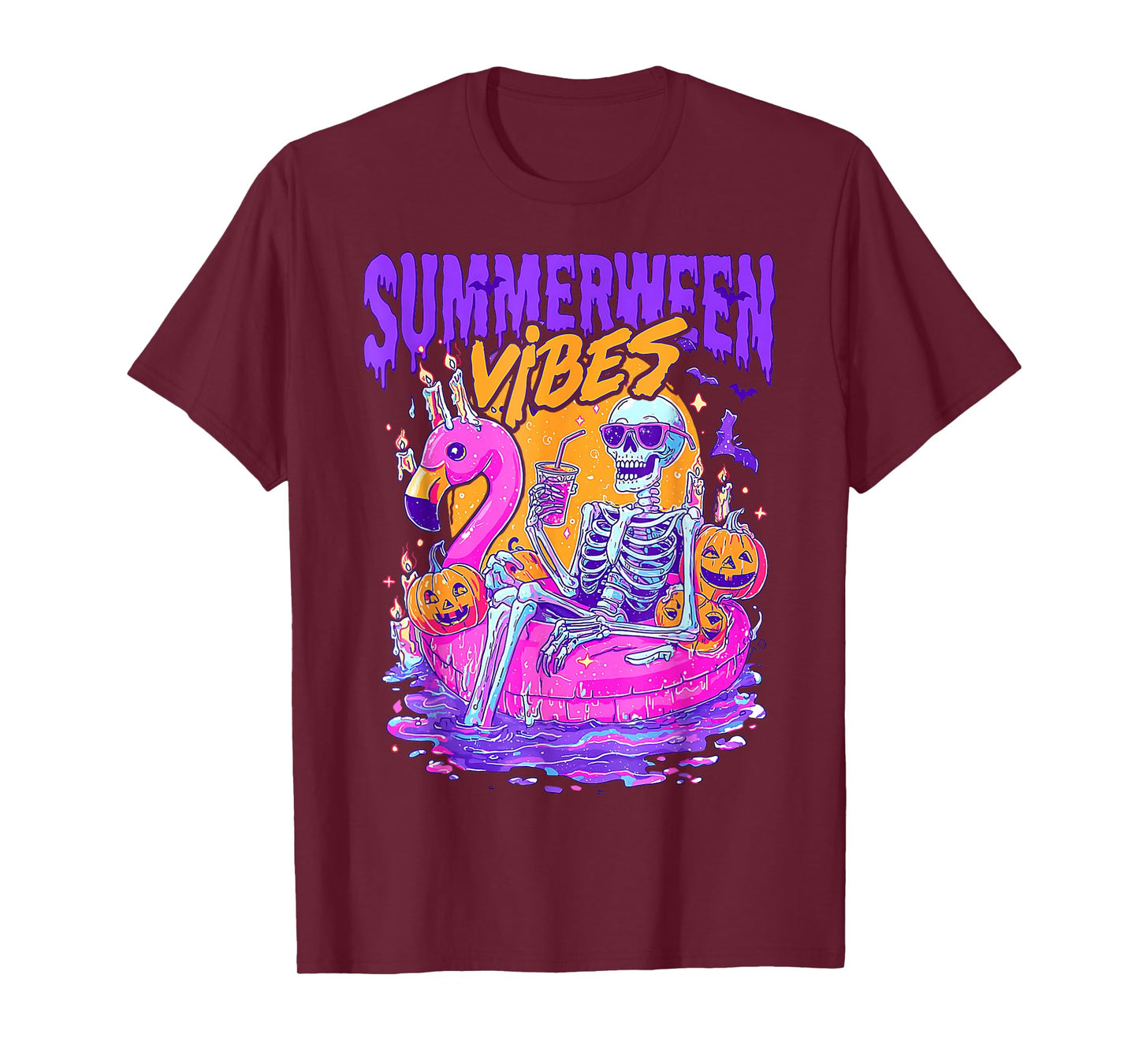 Summerween Vibes Spooky Skeleton Flamingo Pool Halloween T-Shirt