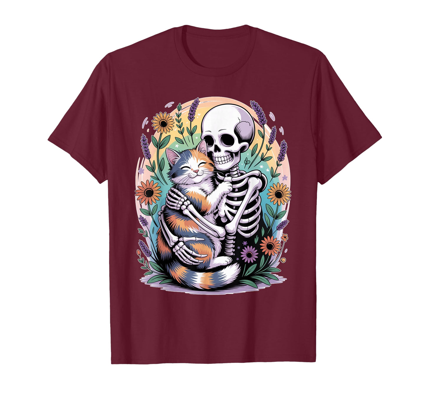 Funny Skeleton Hugging Cat Mom Dad Halloween Cats Lovers T-Shirt