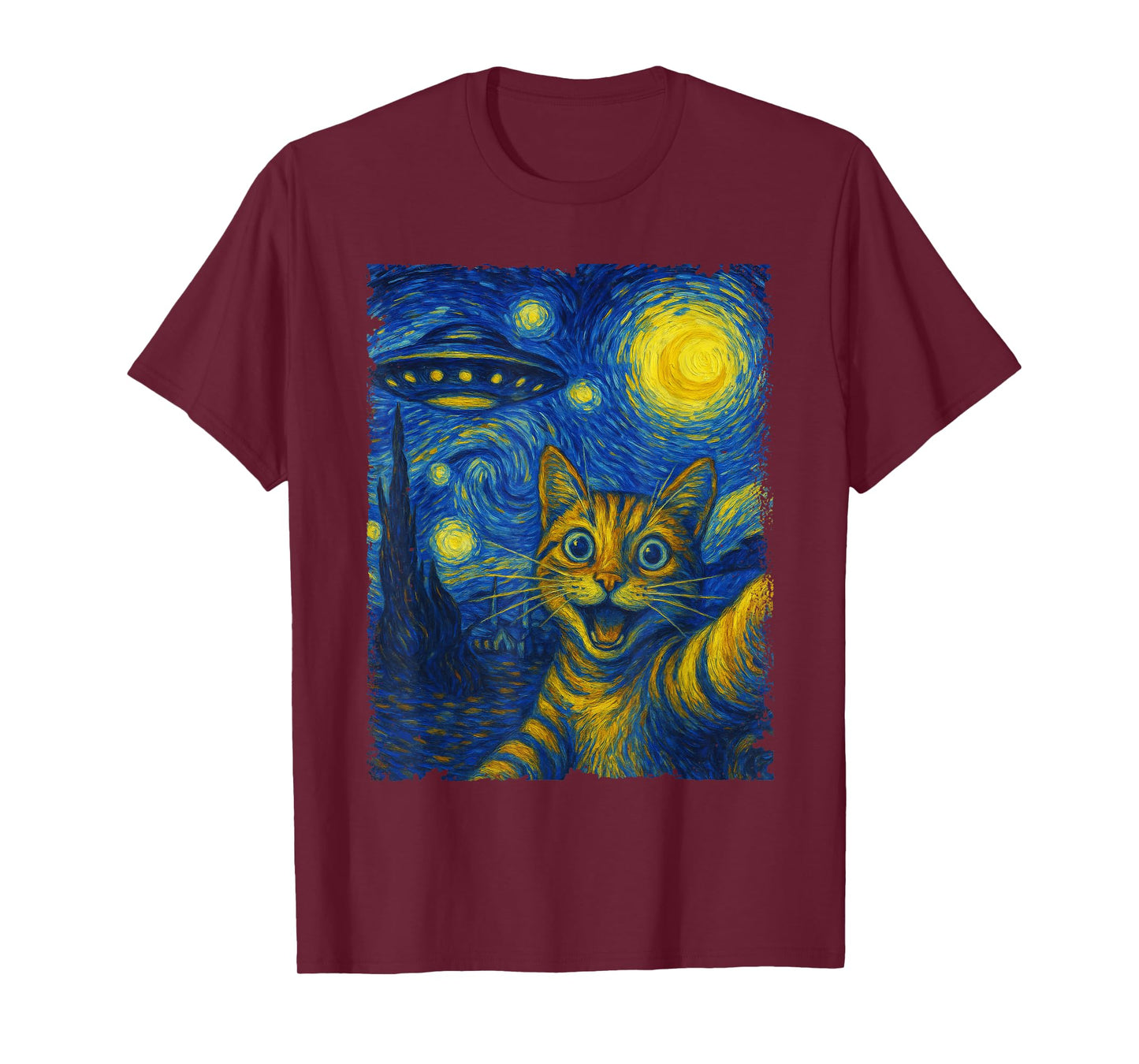 Cat Selfie With Alien UFO Funny Starry Night Van Gogh T-Shirt