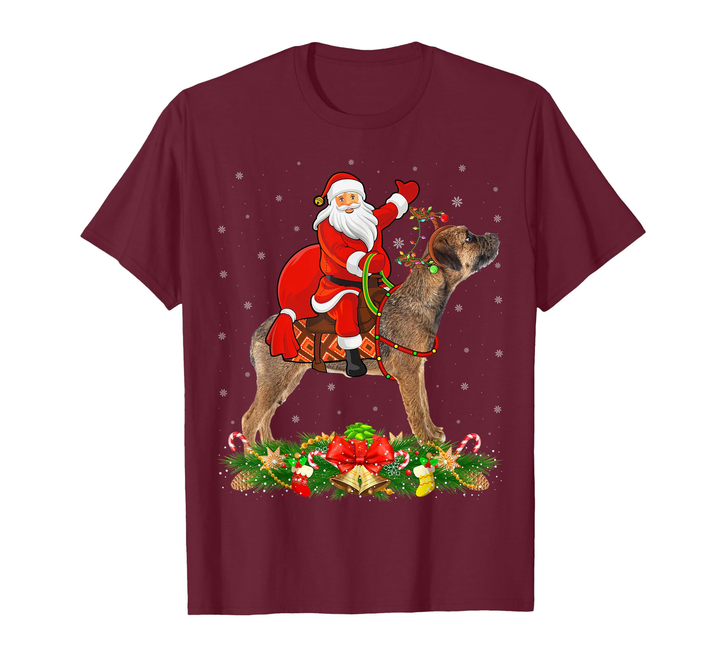 Xmas Matching Funny Santa Riding Border Terrier Christmas T-Shirt