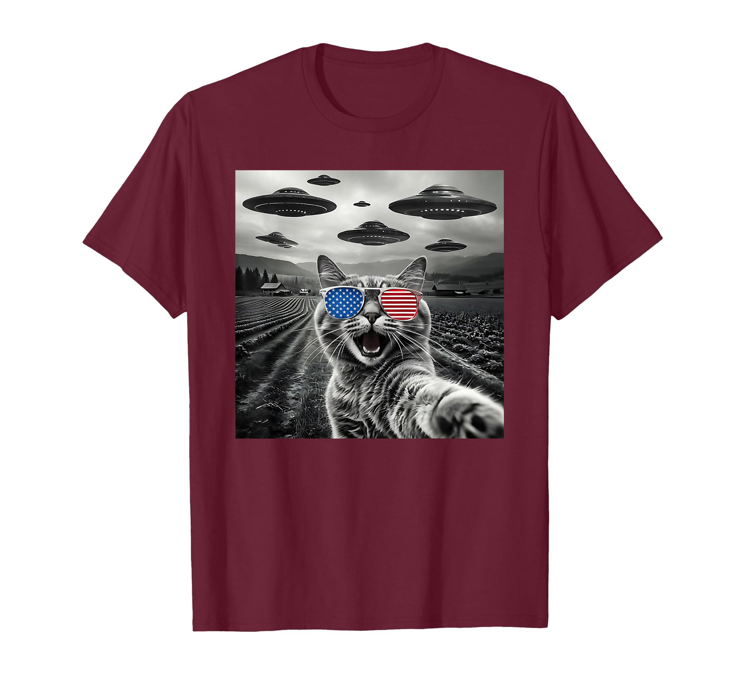 4th Of July Cat Selfie With Alien UFO USA Flag Sunglasses Men Women Kids T-Shirt