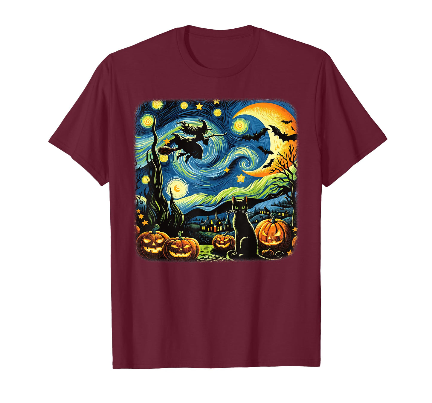 Halloween Witch Van Gogh Starry Night Black Cat Pumpkin Bats T-Shirt