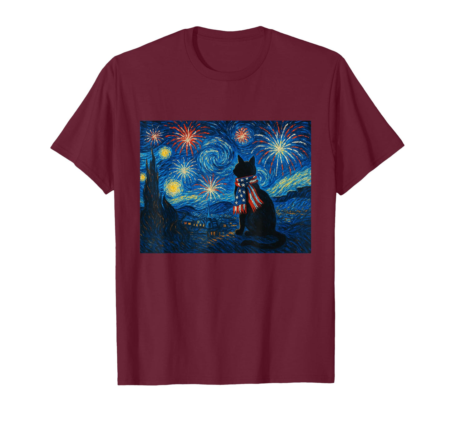 Cat Starry Night Van Gogh 4th of July Patriotic Cat Lover Men Women Kids T-Shirt